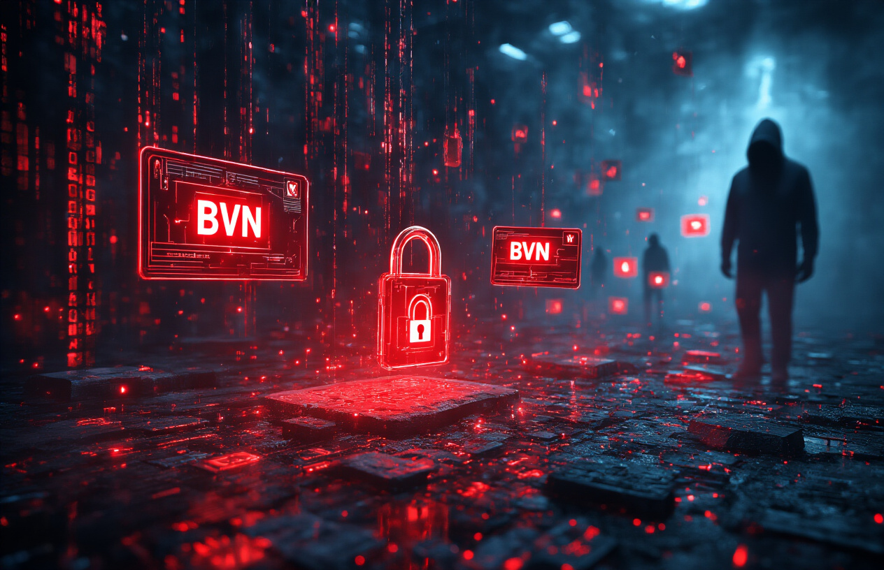 Create a realistic image of a dark, ominous digital environment showing cybersecurity threats with floating holographic BVN cards being targeted by red warning symbols, digital locks being broken, malicious code streams, and shadowy hacker silhouettes in the background, moody red and blue lighting creating an atmosphere of digital danger and vulnerability, Absolutely NO text should be in the scene.