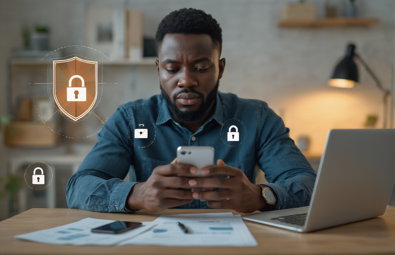 Create a realistic image of a black Nigerian male sitting at a modern desk with a laptop, smartphone, and documents spread out, actively implementing digital security measures like enabling two-factor authentication on his phone screen, with a shield icon and lock symbols subtly incorporated into the scene as visual metaphors for protection, set in a well-lit home office environment with warm lighting that conveys safety and security, absolutely NO text should be in the scene.