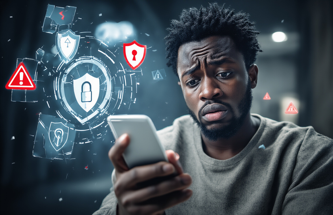 Create a realistic image of a black Nigerian male looking concerned while staring at his smartphone screen, with digital warning symbols and red alert icons floating around the device, set in a dimly lit room with dramatic shadows suggesting danger or security threats, the person's face showing worry and anxiety about potential security breaches, with subtle cybersecurity elements like broken shield icons and warning triangles in the background atmosphere, absolutely NO text should be in the scene.