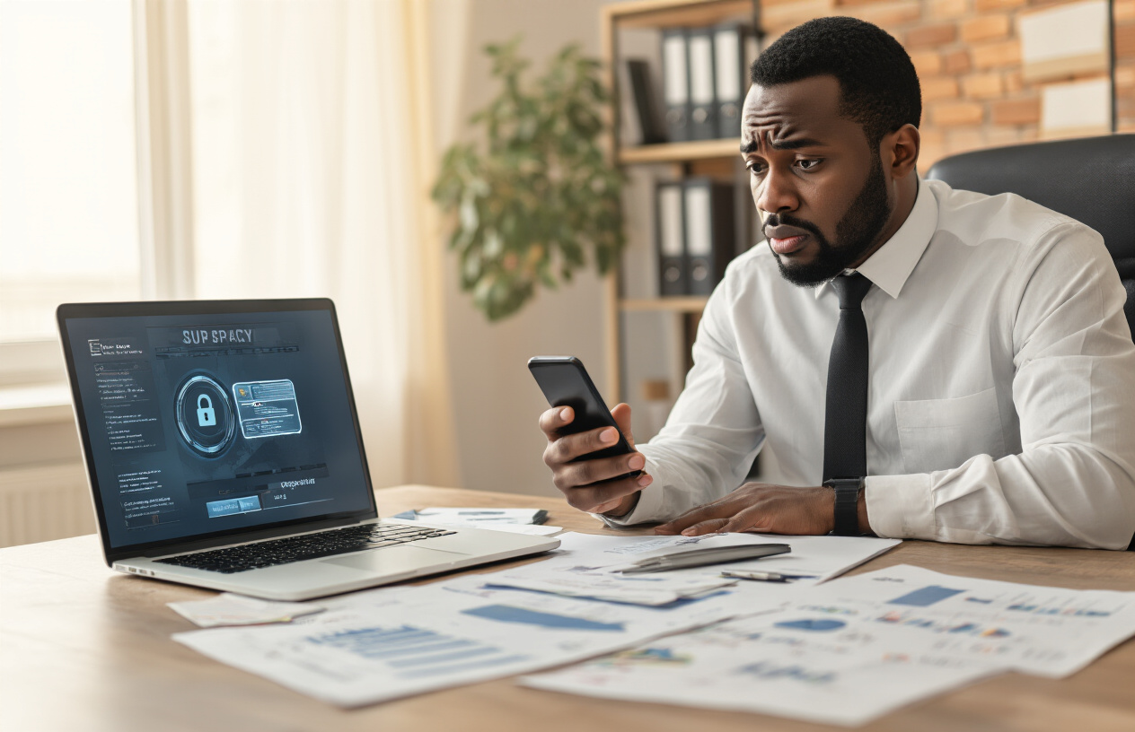 Create a realistic image of a concerned black Nigerian male in business attire sitting at a modern desk with a smartphone in his hand, looking worried while staring at the phone screen, with a laptop computer open nearby showing security alerts, surrounded by documents and papers scattered on the desk, in a home office setting with warm indoor lighting, conveying urgency and the need for immediate action regarding digital security concerns, absolutely NO text should be in the scene.