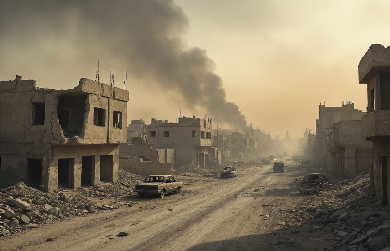 Create a realistic image of a war-torn Middle Eastern cityscape with crumbling concrete buildings, shattered windows, and debris-filled streets under a hazy, smoke-filled sky, featuring abandoned vehicles and rubble scattered across empty roads, with dramatic overcast lighting casting long shadows, conveying a sense of abandonment and internal collapse, absolutely NO text should be in the scene.