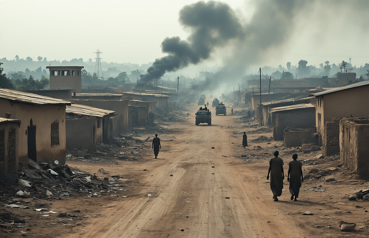 Create a realistic image of an African village or urban area showing signs of conflict and instability, with damaged buildings, smoke rising in the distance, abandoned streets with debris scattered around, overcast sky creating a somber atmosphere, a few black African civilians in the background walking cautiously or seeking shelter, military vehicles or checkpoints visible in the mid-distance, dramatic lighting with muted colors emphasizing the tension and uncertainty of the situation, absolutely NO text should be in the scene.