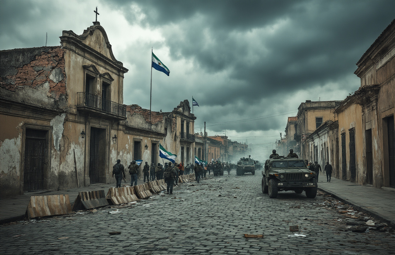 Create a realistic image of a tense Latin American urban scene showing cracked government buildings with barricades, protesters holding flags in the distance, military vehicles patrolling empty streets, dramatic overcast sky with dark storm clouds, scattered debris on cobblestone roads, and weathered colonial architecture suggesting political instability, captured in moody lighting with shadows emphasizing the atmosphere of civil unrest, absolutely NO text should be in the scene.