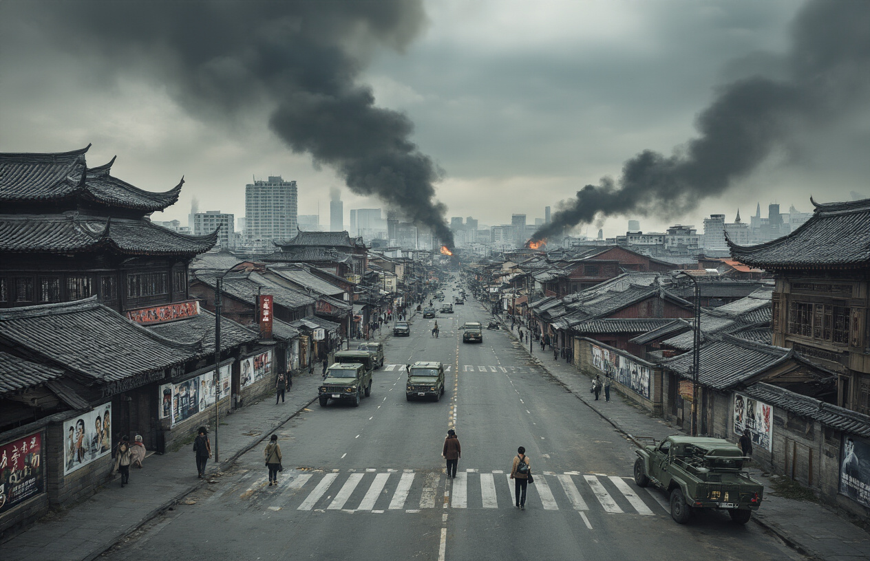 Create a realistic image of a divided Asian cityscape showing contrasting neighborhoods separated by barriers or checkpoints, with traditional Asian architecture mixed with modern buildings, smoke rising from distant areas suggesting unrest, military or police vehicles patrolling empty streets, propaganda posters on walls, and an overcast sky creating a tense, somber atmosphere, with Asian male and female civilians of various ages looking concerned while walking cautiously through the streets, absolutely NO text should be in the scene.