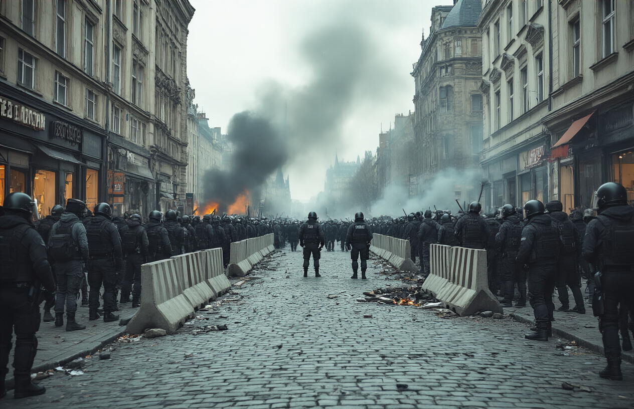 Create a realistic image of a divided European city street with barricades and concrete barriers separating two sides, featuring tense crowds of white and black protesters of mixed genders facing each other across the divide, with riot police in tactical gear positioned between them, damaged storefronts and broken windows visible in the background, smoke rising from small fires in the distance, overcast gray sky creating an ominous atmosphere, scattered debris on cobblestone streets, European architecture with old buildings showing signs of unrest, dramatic lighting with harsh shadows emphasizing the tension and conflict. Absolutely NO text should be in the scene.