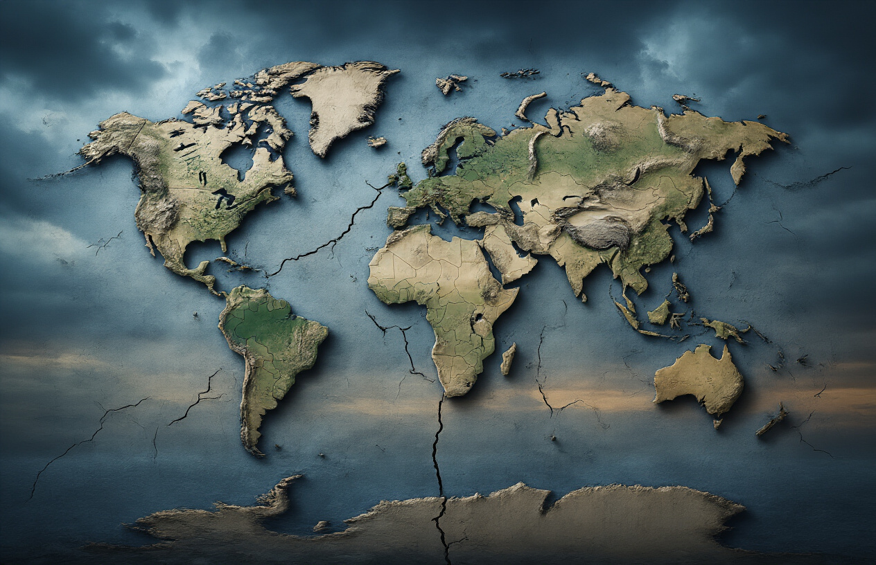 Create a realistic image of a split world map with dark storm clouds hovering over highlighted regions showing areas of conflict, with subtle cracks running through the continents symbolizing division and instability, set against a somber twilight sky with muted colors of deep blues and grays, creating a contemplative and serious mood that reflects global uncertainty and the fragile state of international peace, with soft dramatic lighting casting shadows across the map surface. Absolutely NO text should be in the scene.