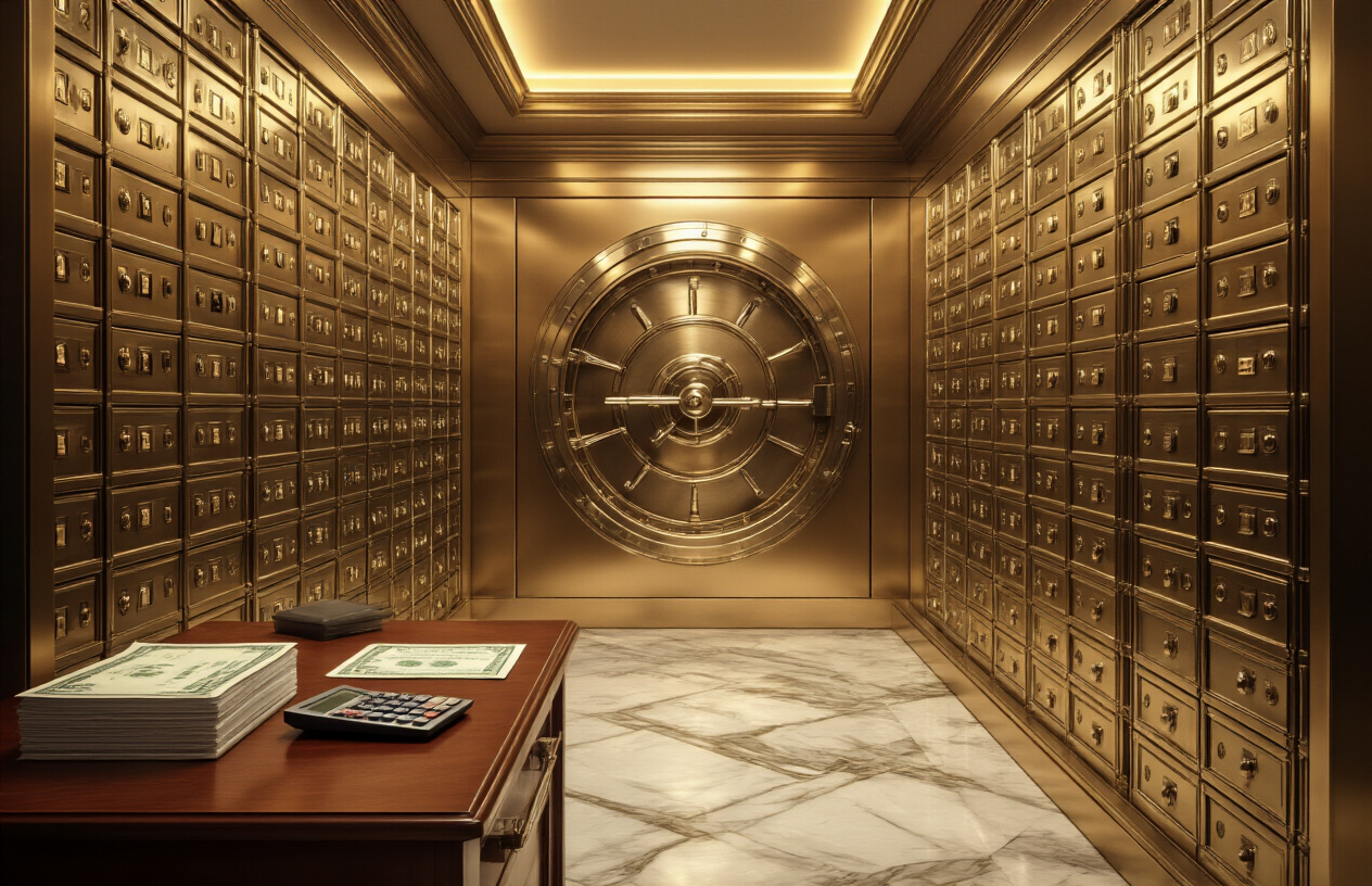 Create a realistic image of a professional bank vault or safe deposit box room with gleaming metallic safety deposit boxes lining the walls, a polished marble floor, warm golden lighting creating a secure and trustworthy atmosphere, with a few neatly stacked certificates of deposit documents on a mahogany desk in the foreground alongside a calculator and some crisp hundred dollar bills, emphasizing financial security and guaranteed returns, absolutely NO text should be in the scene.