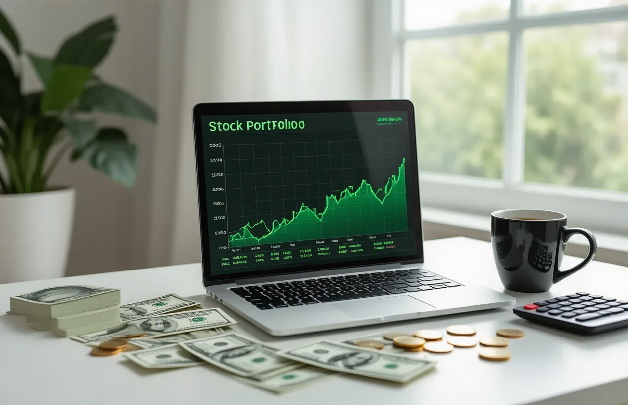 Create a realistic image of a modern laptop displaying a stock portfolio dashboard with green upward trending graphs and dividend yield percentages, surrounded by scattered hundred dollar bills and coins on a clean white desk, with a coffee cup and calculator nearby, soft natural lighting from a window creating a professional workspace atmosphere, absolutely NO text should be in the scene.