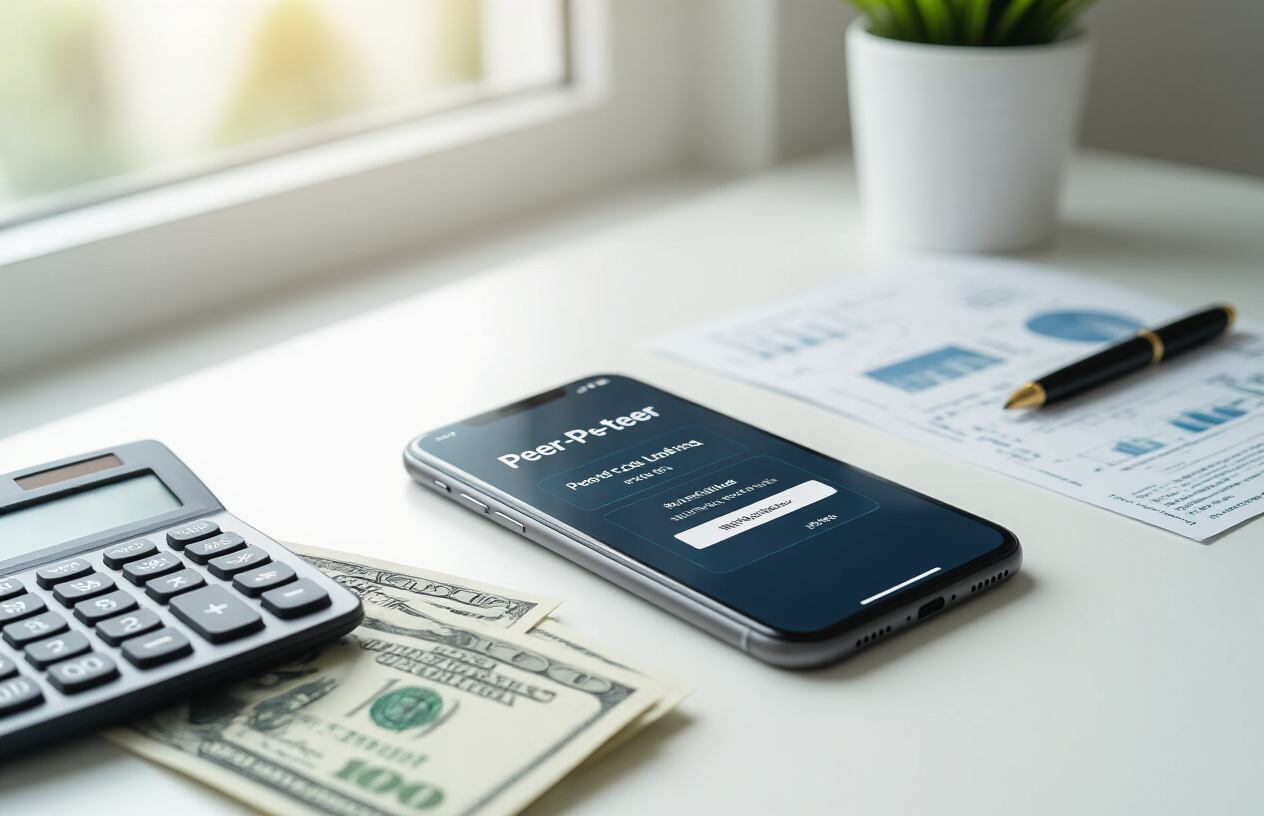 Create a realistic image of a modern smartphone displaying a peer-to-peer lending app interface with loan listings and investment options, placed on a clean white desk next to scattered hundred dollar bills, a calculator, and financial documents, with soft natural lighting from a window creating a professional atmosphere that conveys steady financial growth and passive income opportunities, absolutely NO text should be in the scene.