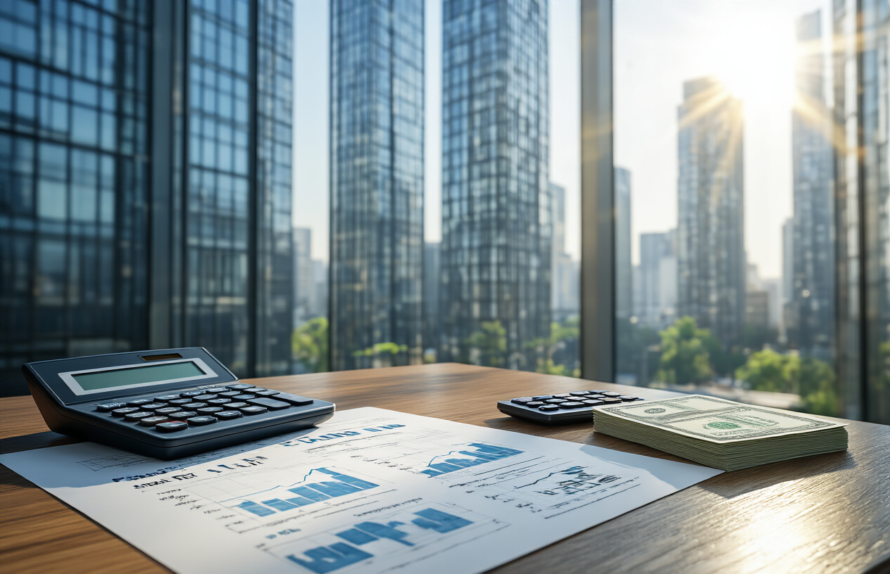 Create a realistic image of modern office buildings and residential apartment complexes in a cityscape with glass facades reflecting sunlight, featuring financial documents with REIT charts and graphs on a wooden desk in the foreground, with a calculator and small stack of hundred dollar bills nearby, bright natural lighting streaming through office windows, professional business atmosphere, absolutely NO text should be in the scene.