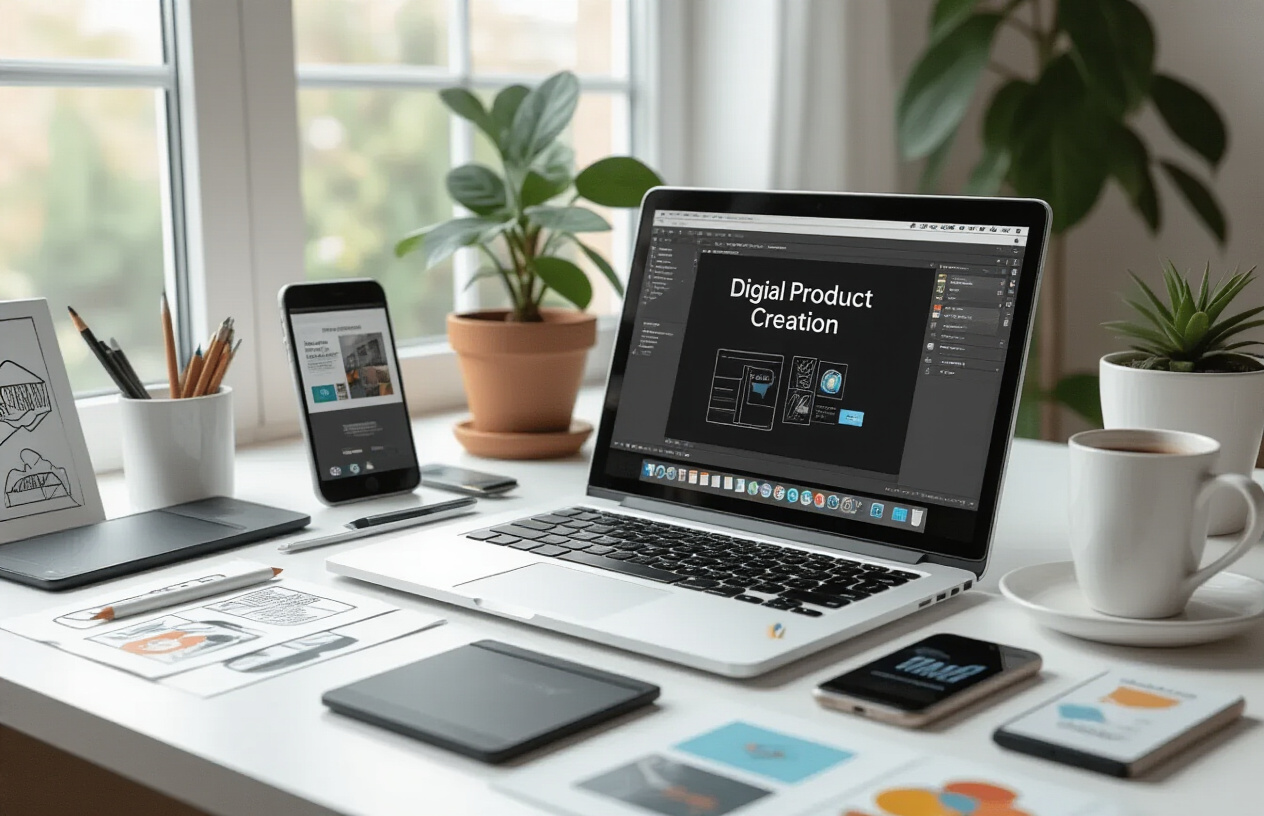 Create a realistic image of a modern workspace setup showing a laptop computer displaying digital product creation interface with design software open, surrounded by creative elements like a graphics tablet, stylus, smartphone showing an online store, and scattered sketches of digital templates, set on a clean white desk with soft natural lighting from a nearby window, featuring a diverse collection of digital product mockups including ebooks, online courses, and design templates visible on the screen, with a coffee cup and small potted plant adding warmth to the entrepreneurial atmosphere, absolutely NO text should be in the scene.