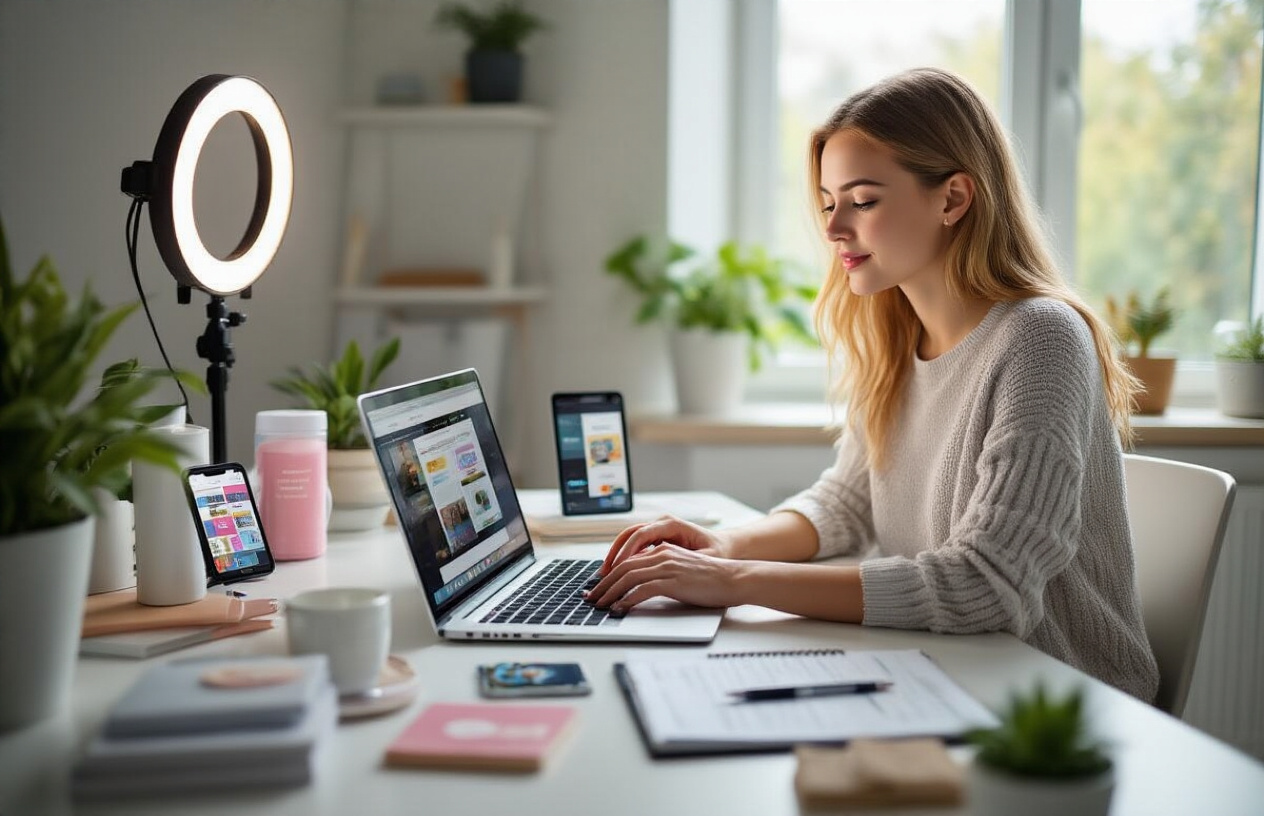 Create a realistic image of a young white female sitting at a modern desk with a laptop computer open, surrounded by affiliate marketing materials including product samples, a smartphone displaying social media content, a ring light for video creation, and a notebook with marketing notes, set in a bright home office environment with natural lighting from a window, creating a productive and entrepreneurial atmosphere, with the person actively typing content while looking focused and engaged. Absolutely NO text should be in the scene.