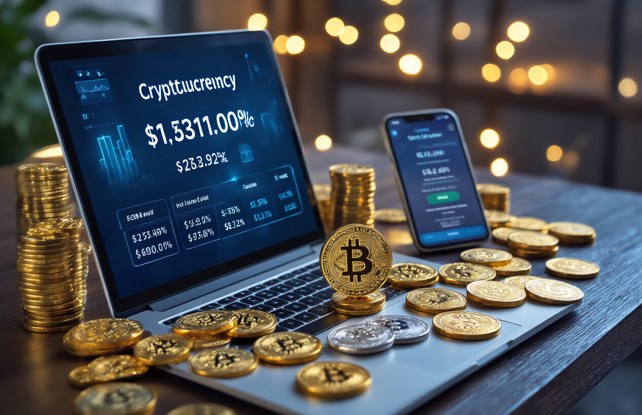 Create a realistic image of a modern cryptocurrency staking interface displayed on a sleek laptop screen showing digital coins with percentage yields, surrounded by physical gold and silver coins scattered on a dark wooden desk, with a smartphone displaying a crypto wallet app nearby, soft blue LED lighting from the laptop screen illuminating the scene, creating a high-tech financial atmosphere with warm ambient lighting in the background, absolutely NO text should be in the scene.