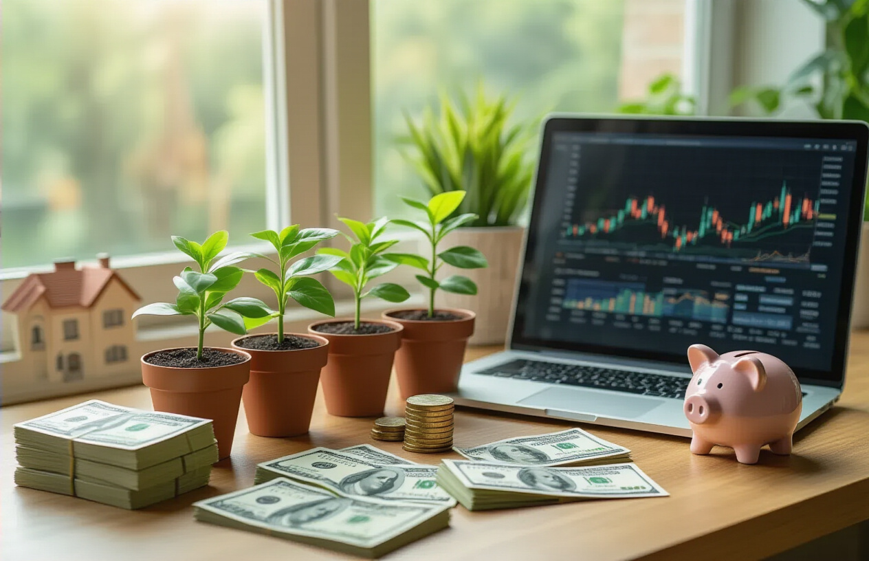 Create a realistic image of a diverse group of small potted plants growing on a wooden desk next to stacks of $100 bills, with a laptop displaying investment charts, a piggy bank, and multiple income streams represented by miniature houses, dividend certificates, and digital devices scattered around, all bathed in warm natural lighting from a nearby window, symbolizing the growth and success of multiple passive income sources, with a peaceful and prosperous atmosphere in a modern home office setting, absolutely NO text should be in the scene.