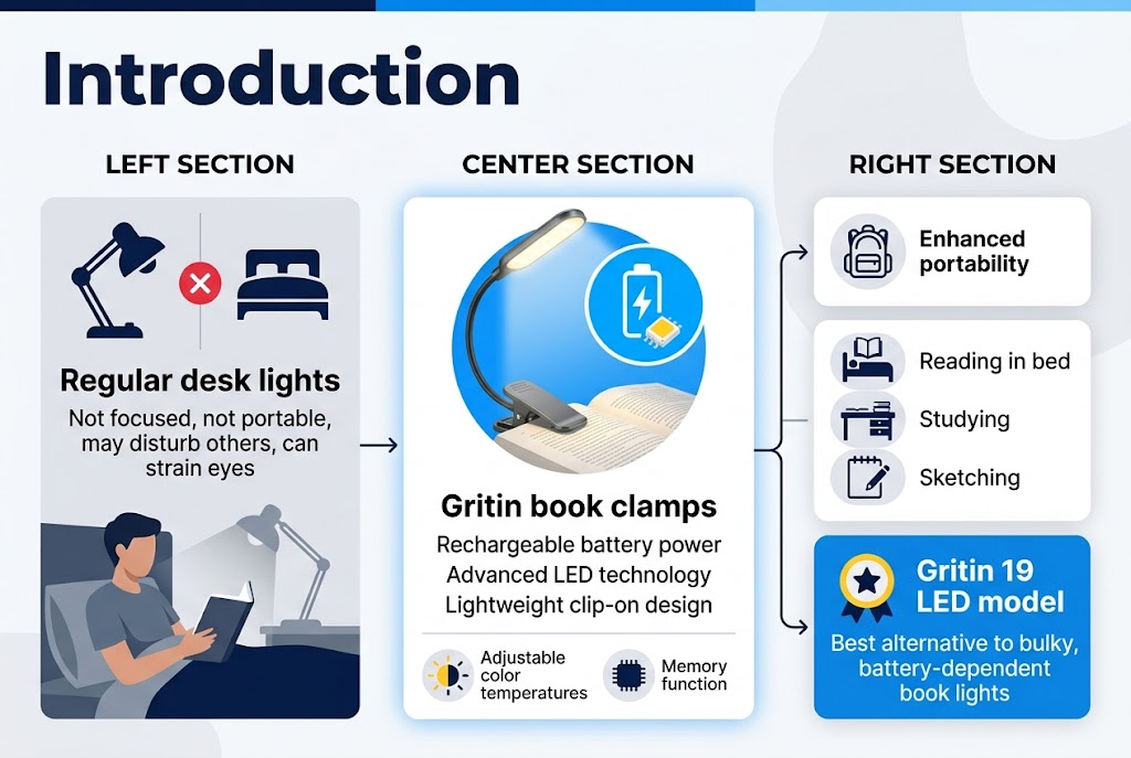 Discover what makes Gritin book clamps better than regular desk lights, featuring eye-caring LED technology, adjustable brightness, flexible design, and long-lasting battery for comfortable reading anywhere.. Create a full-bleed clean professional infographic illustration in aspect ratio 3:2, with a wide horizontal layout and no poster frame or inset margins. Use a modern sans-serif font, strong visual hierarchy, and a color palette of deep navy, bright blue, white, soft gray, and accent yellow.
Top header bar across the full width with a bold large title in dark navy: "Introduction"
Below the title, arrange three wide horizontal sections in a 3-column infographic layout:
LEFT SECTION: a split comparison block with a desk lamp icon and a bed-reading icon. Add a red X marker over a bulky desk lamp and the text: "Regular desk lights" and below it smaller text: "Not focused, not portable, may disturb others, can strain eyes". Show a person reading in bed with dim unusable desk light fading away.
CENTER SECTION: a highlighted product block featuring a sleek clip-on book light with a glowing LED head clipped to a book. Add a bright blue circular icon with a battery symbol and a small LED chip icon. Include the text: "Gritin book clamps" and below it: "Rechargeable battery power", "Advanced LED technology", "Lightweight clip-on design". Add small icon labels for adjustable light and memory: a sun/moon color temperature icon with the text: "Adjustable color temperatures" and a memory chip icon with the text: "Memory function".
RIGHT SECTION: a benefits block with three stacked mini-panels, each with a distinct icon and short text. Top mini-panel: a backpack or hand-carry icon with the text: "Enhanced portability". Middle mini-panel: a book in bed, study desk, and sketchbook icons with the text: "Reading in bed", "Studying", "Sketching". Bottom mini-panel: a highlighted badge with a star icon and the text: "Gritin 19 LED model" and below it: "Best alternative to bulky, battery-dependent book lights".
Use clear arrows or connector lines showing progression from problem to solution to benefits. Make the center product block the most prominent with a subtle glow. Keep text concise, highly legible, and aligned in neat blocks. Include subtle background shapes and soft gradients, but maintain a clean white/light-gray base for readability.
