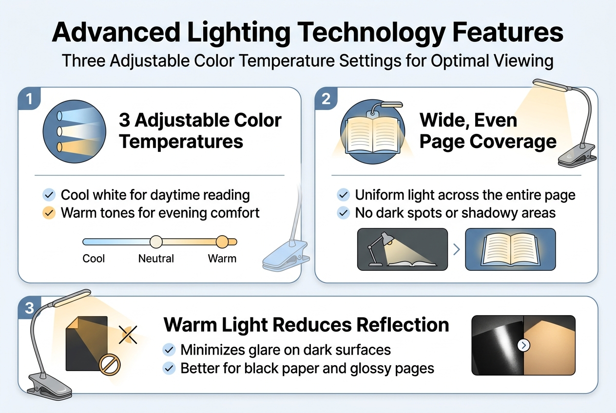 Create a clean, professional infographic illustration in a full-bleed 3:2 landscape layout with a modern tech aesthetic, white background with soft blue and warm amber accents, and clear bold sans-serif typography.
Top header across the full width:
Large bold title centered at top: "Advanced Lighting Technology Features"
Smaller subtitle below: "Three Adjustable Color Temperature Settings for Optimal Viewing"
Main content arranged in three wide horizontal sections across the page, each with a numbered label, a simple icon, a bold subheading, and short explanatory text.
Section 1 on the upper left:
A circular icon showing three stacked light beams in blue, white, and warm yellow.
Number label: "1"
Bold subheading: "3 Adjustable Color Temperatures"
Body text in two short lines:
"Cool white for daytime reading"
"Warm tones for evening comfort"
Add a small horizontal slider graphic with three stops labeled "Cool", "Neutral", "Warm".
Section 2 in the upper right:
A wide page icon with an even glow spreading from a clip-on book lamp across both pages.
Number label: "2"
Bold subheading: "Wide, Even Page Coverage"
Body text in two short lines:
"Uniform light across the entire page"
"No dark spots or shadowy areas"
Show a comparison mini-graphic: left side uneven desk lamp beam, right side even balanced illumination across open pages.
Section 3 across the bottom, spanning the width:
A dark paper sheet icon with a warm amber light beam and a reduced glare symbol.
Number label: "3"
Bold subheading: "Warm Light Reduces Reflection"
Body text in two short lines:
"Minimizes glare on dark surfaces"
"Better for black paper and glossy pages"
Include a small before/after split graphic with harsh reflection on the left and smooth non-reflective warm lighting on the right.
Add subtle supporting visuals of a clip-on book light near each section, using slim metallic gray and soft blue highlights. Use thin divider lines between sections, rounded cards or panels, and simple checkmark accents. Keep spacing generous, align elements neatly, and ensure the infographic feels modern, readable, and balanced.