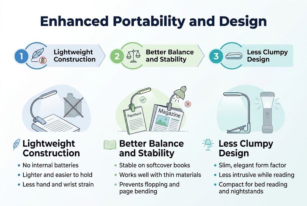 Create a clean, professional infographic illustration in a 3:2 aspect ratio, full-bleed layout with no frame or inset margins. Use a modern sans-serif font, bold navy title, dark gray body text, and accents in teal, blue, and light green on a white background with subtle soft gradients.
Top center, large bold heading: "Enhanced Portability and Design"
Below the heading, arrange three wide horizontal sections in three columns across the page, each with a numbered circle icon and a simple visual symbol.
Left section:
A blue circular badge with "1" and a lightweight book light icon with a feather and small battery compartment crossed out.
Title text: "Lightweight Construction"
Body text: "No internal batteries"
Body text: "Lighter and easier to hold"
Body text: "Less hand and wrist strain"
Show a slim clip-on reading light attached to a book, with a visible crossed-out bulky battery housing silhouette behind it.
Center section:
A green circular badge with "2" and a balance scale icon.
Title text: "Better Balance and Stability"
Body text: "Stable on softcover books"
Body text: "Works well with thin materials"
Body text: "Prevents flopping and page bending"
Show the light clipped to a paperback and a magazine, both upright and steady, with a small checkmark near the balanced light and a small X near a top-heavy traditional light tipping over.
Right section:
A teal circular badge with "3" and a slim streamlined device icon with smooth rounded edges.
Title text: "Less Clumpy Design"
Body text: "Slim, elegant form factor"
Body text: "Less intrusive while reading"
Body text: "Compact for bed reading and nightstands"
Show a sleek, minimal book clamp beside a bulky traditional battery-powered light for contrast, with the slim version emphasized and the bulky version faded slightly.
Use clean vector-style illustrations, clear spacing, and strong visual hierarchy. Include subtle connecting lines or arrows between the three sections. Add small decorative reading icons such as an open book and a lamp glow, but keep the layout uncluttered and professional. All text must be crisp, readable, and exactly as written above.