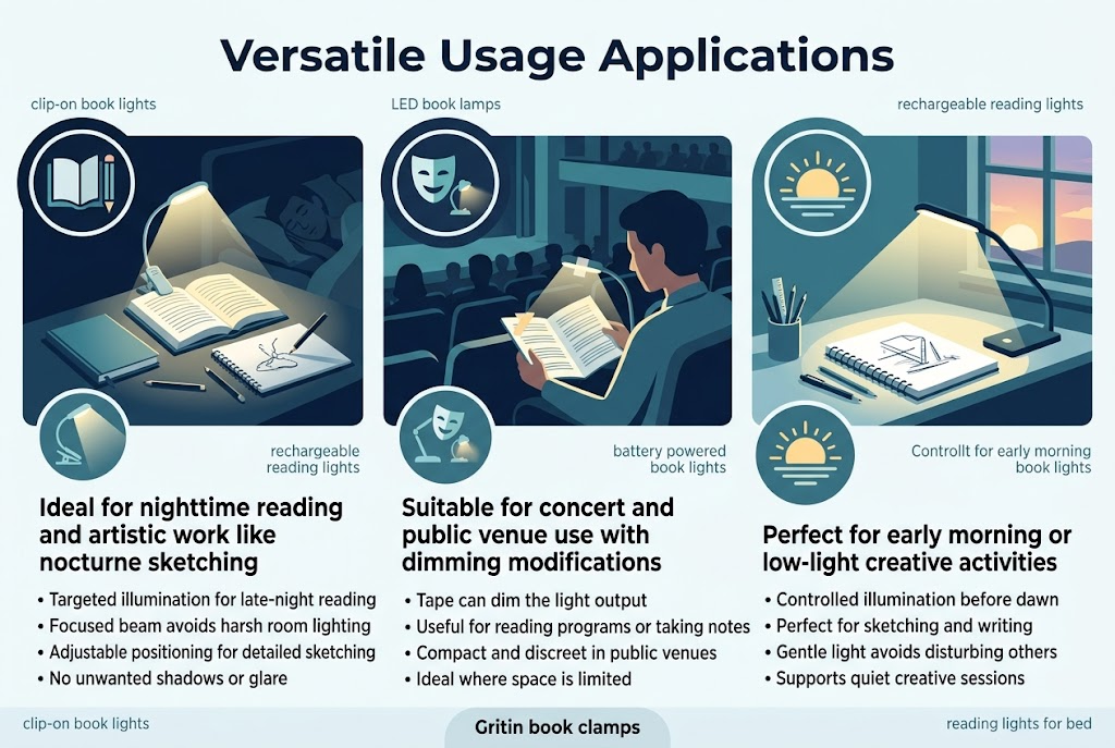 Create a clean, professional infographic illustration in a full-bleed 3:2 landscape layout with no border or frame, using a modern sans-serif font, bold hierarchy, and a cool color palette of navy, teal, white, and soft yellow accent light. Place a large bold heading across the top center reading "Versatile Usage Applications". Below the heading, organize the content into three wide horizontal sections or panels with icons and short text blocks, arranged in a balanced multi-column layout.
SECTION 1 on the left: a nighttime reading and art scene with a small clip-on book light shining on an open book and sketchpad, with a sleeping partner in the background in dim silhouette. Add a circular icon of a book and pencil with a soft beam of light. Include the section title in bold: "Ideal for nighttime reading and artistic work like nocturne sketching". Add short bullet text:
"• Targeted illumination for late-night reading"
"• Focused beam avoids harsh room lighting"
"• Adjustable positioning for detailed sketching"
"• No unwanted shadows or glare"
SECTION 2 in the center: a concert hall or theater scene with a seated person using a compact book light near a program or sheet music, with a subtle tape strip over the light to show dimming modification. Add an icon of a theater mask and small light with a dimmed glow. Include the section title in bold: "Suitable for concert and public venue use with dimming modifications". Add short bullet text:
"• Tape can dim the light output"
"• Useful for reading programs or taking notes"
"• Compact and discreet in public venues"
"• Ideal where space is limited"
SECTION 3 on the right: an early morning creative workspace with a sketchbook, writing tools, and a book light illuminating the desk before sunrise, with a window showing dawn colors. Add an icon of a sunrise and desk lamp/book light. Include the section title in bold: "Perfect for early morning or low-light creative activities". Add short bullet text:
"• Controlled illumination before dawn"
"• Perfect for sketching and writing"
"• Gentle light avoids disturbing others"
"• Supports quiet creative sessions"
Add a subtle bottom band with a small product label in bold: "Gritin book clamps". Include small supporting labels near the panels in lighter text: "clip-on book lights", "LED book lamps", "portable reading lights", "rechargeable reading lights", "battery powered book lights", "adjustable book lighting", "reading lights for bed". Use clean spacing, clear icons, and strong visual separation between sections. Keep the layout airy, polished, and easy to scan, with the main light source in each panel highlighted in warm yellow against cool backgrounds.