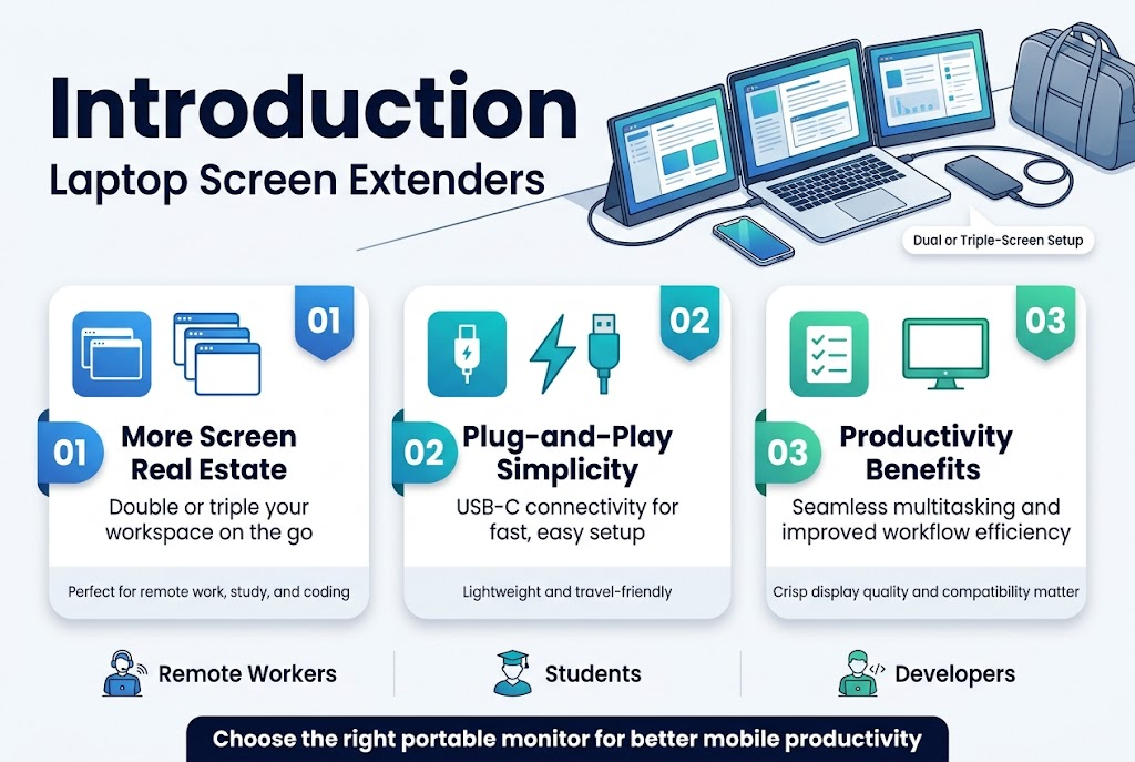 Create a full-bleed professional infographic illustration in a 3:2 aspect ratio with a clean modern tech style, blue and teal gradient accents, white background, dark navy text, subtle shadows, and crisp sans-serif fonts.

Top across the full width: large bold heading text, centered-left: "Introduction" and beneath it a smaller subtitle: "Laptop Screen Extenders"

Under the title, place a wide hero illustration on the upper right: a laptop with two attached portable monitors forming a dual-screen setup, shown on a desk with a phone, cable, and travel bag nearby. Add a small label near the laptop: "Dual or Triple-Screen Setup"

Main content area arranged in three wide horizontal sections across the lower two-thirds, each in a rounded rectangle block with an icon, numbered marker, and short text.

Left block:
Large number badge: "01"
Blue icon of three overlapping windows
Heading text: "More Screen Real Estate"
Body text: "Double or triple your workspace on the go"
Small tag line beneath: "Perfect for remote work, study, and coding"

Center block:
Large number badge: "02"
Teal icon of a lightning bolt and USB-C plug
Heading text: "Plug-and-Play Simplicity"
Body text: "USB-C connectivity for fast, easy setup"
Small tag line beneath: "Lightweight and travel-friendly"

Right block:
Large number badge: "03"
Green icon of a checklist and monitor
Heading text: "Productivity Benefits"
Body text: "Seamless multitasking and improved workflow efficiency"
Small tag line beneath: "Crisp display quality and compatibility matter"

Along the bottom in a thin horizontal strip, add three small icon callouts spaced evenly:
icon of a remote worker with text: "Remote Workers"
icon of a student with text: "Students"
icon of a developer with text: "Developers"

Include a final bold callout bar at the bottom center with text: "Choose the right portable monitor for better mobile productivity"

Use balanced spacing, clear hierarchy, sharp edges, minimal clutter, and wide multi-column composition. No frame border.