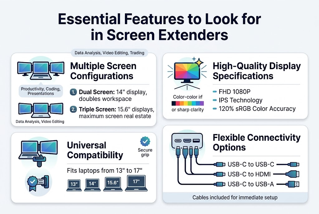 Create a clean, modern infographic illustration in a 3:2 aspect ratio, full-bleed layout with no poster frame and no inset margins. Use a professional tech style with a white or very light gray background, blue and teal accents, dark navy text, and subtle gradient highlights. Use bold sans-serif fonts with strong hierarchy.

Top center: large bold heading text: "Essential Features to Look for in Screen Extenders"

Below the heading, arrange four wide horizontal sections in a 2x2 grid or side-by-side blocks across the page, each with a clear icon and short text.

Section 1, upper left: a dual-monitor icon showing a laptop with two attached screens. Title text: "Multiple Screen Configurations". Under it, include two compact sub-points with small numbered badges:
"Dual Screen: 14\" display, doubles workspace"
"Triple Screen: 15.6\" displays, maximum screen real estate"
Add a small label near the dual icon: "Productivity, Coding, Presentations"
Add a small label near the triple icon: "Data Analysis, Video Editing, Trading"

Section 2, upper right: a color-rich display icon with a brightness sparkle and viewing-angle lines. Title text: "High-Quality Display Specifications". Under it, include three short bullet lines:
"FHD 1080P"
"IPS Technology"
"120% sRGB Color Accuracy"
Add a small visual swatch or color bar to suggest vivid color and sharp clarity.

Section 3, lower left: a universal fit icon showing a screen extender clamping onto different laptop sizes, with small laptop silhouettes labeled "13\"", "14\"", "15.6\"", and "17\"". Title text: "Universal Compatibility". Under it, include one concise line:
"Fits laptops from 13\" to 17\""
Add a small checkmark badge and a secure grip symbol.

Section 4, lower right: a connectivity icon showing cable ports and three cable lines. Title text: "Flexible Connectivity Options". Under it, include three labeled connection lines with small port symbols:
"USB-C to USB-C"
"USB-C to HDMI"
"USB-C to USB-A"
Add a small caption line: "Cables included for immediate setup"

Use clear icons for each section, with consistent spacing, rounded cards, thin dividers, and subtle shadows. Keep the layout wide and balanced, with the heading across the top and the four feature blocks filling the center and lower area. Ensure all text is crisp, readable, and exactly as written in quotes.