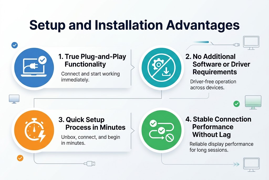 Create a clean, professional infographic in a 3:2 aspect ratio with a full-bleed layout and no poster frame or inset margins. Use a modern white background with blue, teal, and gray accents, subtle gradients, and crisp sans-serif typography. Place a bold headline across the top center in dark navy text: "Setup and Installation Advantages". 

Below the title, arrange four wide content blocks in a balanced 2x2 grid spanning the page, with strong visual hierarchy and clear spacing. Each block should include a large colored circular icon on the left, a bold numbered subheading, and one short supporting line of text.

Block 1, top left: a blue icon of a laptop with a plug and checkmark. Text: "1. True Plug-and-Play Functionality" and smaller line: "Connect and start working immediately."  
Block 2, top right: a teal icon of a crossed-out gear and crossed-out download arrow. Text: "2. No Additional Software or Driver Requirements" and smaller line: "Driver-free operation across devices."  
Block 3, bottom left: an orange icon of a stopwatch and lightning bolt. Text: "3. Quick Setup Process in Minutes" and smaller line: "Unbox, connect, and begin in minutes."  
Block 4, bottom right: a green icon of a stable connection line with checkmarks and no lag symbol. Text: "4. Stable Connection Performance Without Lag" and smaller line: "Reliable display performance for long sessions."  

Add thin connecting lines or subtle arrows between the blocks to suggest a smooth setup workflow. Use small decorative UI elements like checkmarks, cable lines, and monitor outlines. Keep the design spacious, polished, and easy to read, with strong contrast and clear section separation.