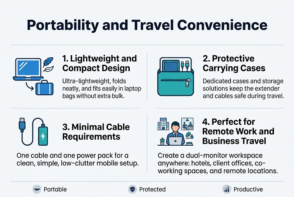 Create a clean, professional full-bleed infographic in a 3:2 aspect ratio about portable laptop screen extenders. Use a modern tech style with a white background, blue and teal accents, dark gray text, and subtle light gray divider lines. Use bold sans-serif fonts with strong visual hierarchy.

Top center: large bold title in dark navy text: "Portability and Travel Convenience"

Under the title, arrange four wide horizontal content blocks across the canvas in a balanced two-by-two grid, not a vertical stack.

Block 1, top left:
A blue icon of a laptop screen extender with a small suitcase and feather/lightweight symbol.
Headline text: "1. Lightweight and Compact Design"
Short body text: "Ultra-lightweight, folds neatly, and fits easily in laptop bags without extra bulk."

Block 2, top right:
A teal icon of a protective carrying case with a screen extender, cable, and zipper.
Headline text: "2. Protective Carrying Cases"
Short body text: "Dedicated cases and storage solutions keep the extender and cables safe during travel."

Block 3, bottom left:
A minimal cable icon showing one USB-C cable and one power pack, with a clean uncluttered layout.
Headline text: "3. Minimal Cable Requirements"
Short body text: "One cable and one power pack for a clean, simple, low-clutter mobile setup."

Block 4, bottom right:
A business travel icon with a person working on a laptop in a hotel, client office, and co-working space, shown as small scene symbols.
Headline text: "4. Perfect for Remote Work and Business Travel"
Short body text: "Create a dual-monitor workspace anywhere: hotels, client offices, co-working spaces, and remote locations."

Add a thin bottom strip with three small circular icons and short labels spaced evenly across the width:
"Portable"
"Protected"
"Productive"

Use clean spacing, aligned text, and consistent icon sizes. Keep all text crisp and readable. Avoid dense paragraphs. Include only the text shown above.