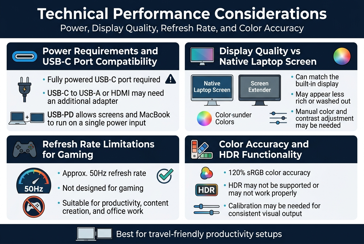 Create a clean, professional infographic illustration in a 3:2 aspect ratio with a full-bleed layout, modern tech style, dark navy and white background with teal, blue, and orange accents, crisp sans-serif typography, and strong visual hierarchy.

Top header across the full width:
Bold title text: "Technical Performance Considerations"
Subtitle beneath in smaller text: "Power, Display Quality, Refresh Rate, and Color Accuracy"

Use four wide horizontal content blocks arranged in a 2x2 grid across the center, with clear icons and labels in each block:

1) Top-left block titled "Power Requirements and USB-C Port Compatibility"
Include a blue USB-C port icon, a power plug icon, and a laptop + portable monitor connection diagram.
Show a small warning symbol beside the text:
"Fully powered USB-C port required"
"USB-C to USB-A or HDMI may need an additional adapter"
"USB-PD allows screens and MacBook to run on a single power input"

2) Top-right block titled "Display Quality vs Native Laptop Screen"
Include two side-by-side monitor illustrations, one labeled "Native Laptop Screen" and one labeled "Screen Extender".
Add a subtle color spectrum icon and a slider icon.
Use short text callouts:
"Can match the built-in display"
"May appear less rich or washed out"
"Manual color and contrast adjustment may be needed"

3) Bottom-left block titled "Refresh Rate Limitations for Gaming"
Include a speedometer-style icon with "50Hz" in the center and a game controller icon crossed out.
Add a productivity checkmark icon nearby.
Use these text lines:
"Approx. 50Hz refresh rate"
"Not designed for gaming"
"Suitable for productivity, content creation, and office work"

4) Bottom-right block titled "Color Accuracy and HDR Functionality"
Include a color palette icon, an HDR badge, and a calibration slider graphic.
Use short text callouts:
"120% sRGB color accuracy"
"HDR may not be supported or may not work properly"
"Calibration may be needed for consistent visual output"

Add a thin footer band across the bottom with a simple dual-screen setup illustration and the text:
"Best for travel-friendly productivity setups"

Use clear section dividers, balanced spacing, and readable text. Keep the layout wide and multi-column, not a vertical poster. No extra text beyond the specified headings and bullet lines.