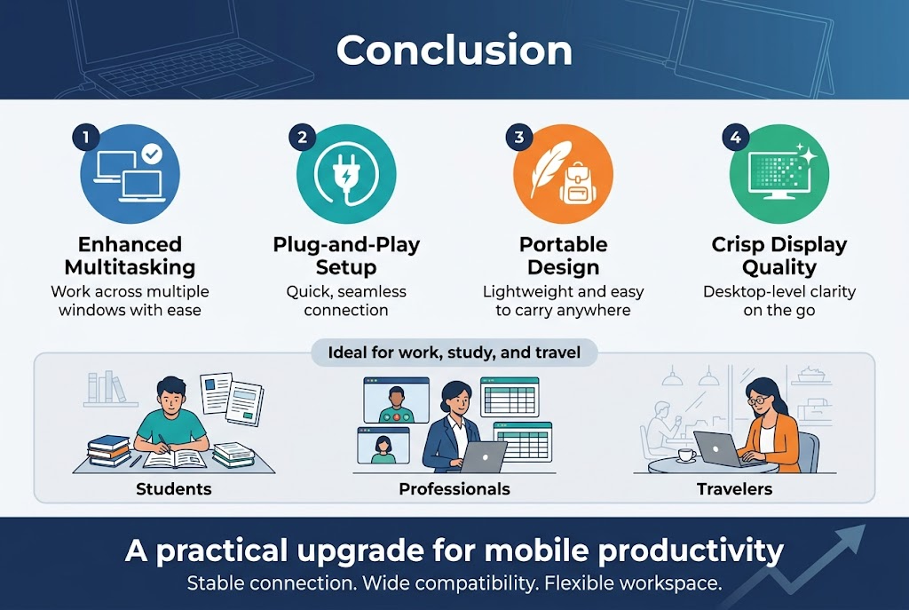 Create a clean, professional infographic illustration in a 3:2 aspect ratio, full-bleed layout with no frame or inset border, using a modern corporate style in navy blue, teal, white, and light gray with orange accent highlights. Place a bold top heading centered across the upper band reading "Conclusion". Use a wide horizontal composition with four evenly spaced content blocks across the center and a closing summary strip at the bottom.

Top heading area:
- Large bold sans-serif title text: "Conclusion"
- Subtle laptop and screen-extender line art behind the title in a faint blue gradient

Center content area with four illustrated blocks, each with a numbered circle, icon, and short text:
1. Left block: blue circular icon showing two overlapping laptop screens and a checkmark. Text: "Enhanced Multitasking"
   Smaller line below: "Work across multiple windows with ease"
2. Second block: teal circular icon showing a plug and lightning bolt. Text: "Plug-and-Play Setup"
   Smaller line below: "Quick, seamless connection"
3. Third block: orange circular icon showing a feather and backpack. Text: "Portable Design"
   Smaller line below: "Lightweight and easy to carry anywhere"
4. Fourth block: green circular icon showing a sharp display with bright pixels. Text: "Crisp Display Quality"
   Smaller line below: "Desktop-level clarity on the go"

Lower center area:
- Wide horizontal section with three small illustrated user scenes arranged left to right:
  - Student at a desk with books and multiple open documents, caption: "Students"
  - Professional beside video call windows and spreadsheets, caption: "Professionals"
  - Traveler using a laptop in a café or airport, caption: "Travelers"
- Above these scenes, a short banner text: "Ideal for work, study, and travel"

Bottom closing strip:
- Large bold statement centered: "A practical upgrade for mobile productivity"
- Supporting line beneath in smaller text: "Stable connection. Wide compatibility. Flexible workspace."
- Include a subtle upward arrow or growth line graphic across the strip to suggest productivity improvement

Use clean iconography, clear hierarchy, generous spacing, and crisp readable typography. Keep all text exact and visible. Avoid clutter, use a balanced infographic layout with strong visual separation between sections.