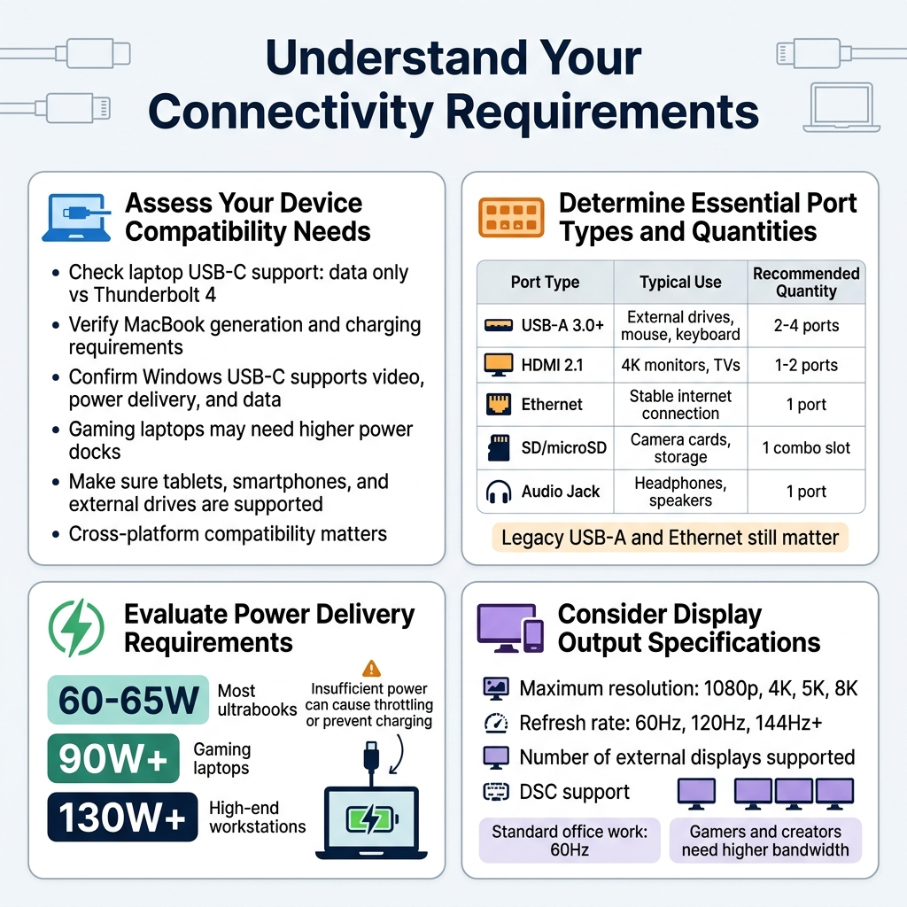 Square 1:1 infographic, full-bleed clean professional tech style, white background with blue, teal, and dark navy accents, modern sans-serif fonts, bold clear title at top center: "Understand Your Connectivity Requirements"
Top header band with subtle USB-C and laptop line icons. Below, arrange four wide content sections in a 2x2 grid with rounded rectangles, each section with a bold subtitle, a colored icon, and short bullet points.
Section 1, upper left: blue laptop and connector icon. Subtitle: "Assess Your Device Compatibility Needs"
Bullets:
- "Check laptop USB-C support: data only vs Thunderbolt 4"
- "Verify MacBook generation and charging requirements"
- "Confirm Windows USB-C supports video, power delivery, and data"
- "Gaming laptops may need higher power docks"
- "Make sure tablets, smartphones, and external drives are supported"
- "Cross-platform compatibility matters"
Section 2, upper right: orange port grid icon. Subtitle: "Determine Essential Port Types and Quantities"
Create a neat mini table with three columns labeled "Port Type", "Typical Use", "Recommended Quantity"
Rows:
- "USB-A 3.0+ | External drives, mouse, keyboard | 2-4 ports"
- "HDMI 2.1 | 4K monitors, TVs | 1-2 ports"
- "Ethernet | Stable internet connection | 1 port"
- "SD/microSD | Camera cards, storage | 1 combo slot"
- "Audio Jack | Headphones, speakers | 1 port"
Include small icons for USB-A, HDMI monitor, ethernet plug, SD card, and headphones.
Add a highlighted note strip: "Legacy USB-A and Ethernet still matter"
Section 3, lower left: green charging bolt icon. Subtitle: "Evaluate Power Delivery Requirements"
Use a stacked wattage callout design with three bold numbers:
- "60-65W" with label "Most ultrabooks"
- "90W+" with label "Gaming laptops"
- "130W+" with label "High-end workstations"
Include small warning note: "Insufficient power can cause throttling or prevent charging"
Show a laptop charging icon with a cable and battery symbol.
Section 4, lower right: purple monitor setup icon. Subtitle: "Consider Display Output Specifications"
Use four compact icon bullets:
- "Maximum resolution: 1080p, 4K, 5K, 8K"
- "Refresh rate: 60Hz, 120Hz, 144Hz+"
- "Number of external displays supported"
- "DSC support"
Include small visual of single, dual, and triple monitor arrangements.
Add two accent callouts:
- "Standard office work: 60Hz"
- "Gamers and creators need higher bandwidth"
Use clear hierarchy, bold section headers, neat spacing, subtle divider lines, and simple tech icons. Keep layout wide and balanced, with all content readable and aligned.