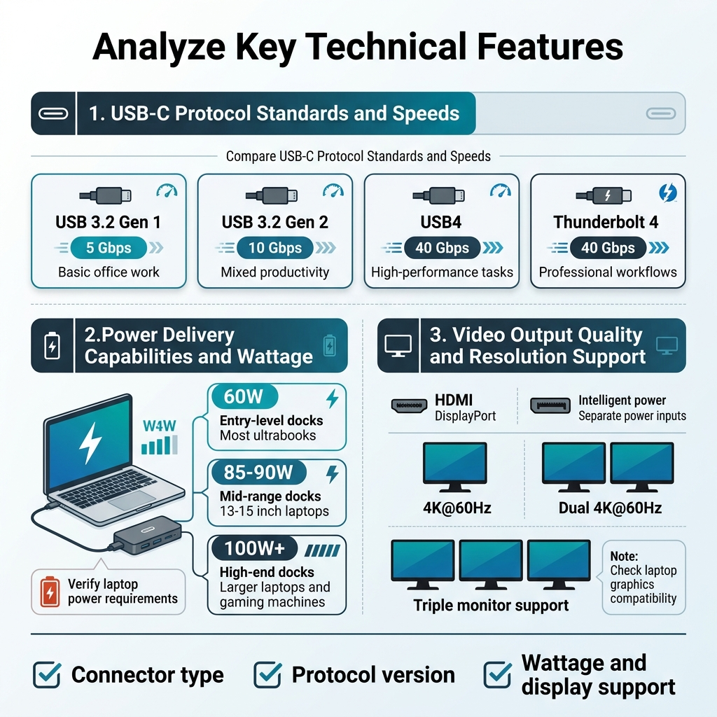 Square 1:1 infographic, full-bleed layout, clean professional tech style, white background with blue, teal, and dark gray accents, modern sans-serif fonts, bold black title at top: "Analyze Key Technical Features".
Below the title, create three wide horizontal sections with clear icons and labeled blocks:
LEFT SECTION: "1. USB-C Protocol Standards and Speeds"
Use a row of four compact comparison cards with small connector icons and speed badges:
- "USB 3.2 Gen 1" with "5 Gbps" and "Basic office work"
- "USB 3.2 Gen 2" with "10 Gbps" and "Mixed productivity"
- "USB4" with "40 Gbps" and "High-performance tasks"
- "Thunderbolt 4" with "40 Gbps" and "Professional workflows"
Add a small subtitle above the cards: "Compare USB-C Protocol Standards and Speeds"
MIDDLE SECTION: "2. Power Delivery Capabilities and Wattage"
Show a laptop charging from a dock with a lightning bolt icon and wattage bars. Include three stacked callout boxes:
- "60W" with "Entry-level docks" and "Most ultrabooks"
- "85-90W" with "Mid-range docks" and "13-15 inch laptops"
- "100W+" with "High-end docks" and "Larger laptops and gaming machines"
Add a small warning callout with a battery icon: "Verify laptop power requirements"
Add a small note bubble: "Intelligent power management" and "Separate power inputs"
RIGHT SECTION: "3. Video Output Quality and Resolution Support"
Use monitor icons arranged in a mini grid showing display setups:
- One monitor labeled "4K@60Hz"
- Two monitors labeled "Dual 4K@60Hz"
- Three monitors labeled "Triple monitor support"
Add small port icons labeled "HDMI" and "DisplayPort"
Include a compact note box: "Check laptop graphics compatibility"
BOTTOM STRIP: a simple checklist bar with three icons and bold labels:
- "Connector type"
- "Protocol version"
- "Wattage and display support"
Use strong visual hierarchy, clear spacing, thin dividing lines, and small data-style arrows or speed lines. Include subtle USB-C, battery, and monitor icons. No frame border, no poster frame, no narrow vertical stack, balanced wide infographic composition.