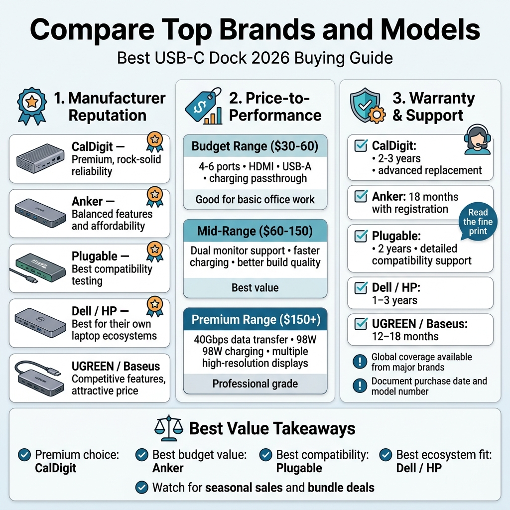 Square 1:1 full-bleed professional infographic, clean modern business style, white background with blue, teal, gray, and orange accents, bold sans-serif typography, strong visual hierarchy, no border frame, wide multi-section layout.
Top header across full width:
"Compare Top Brands and Models"
Smaller subtitle beneath:
"Best USB-C Dock 2026 Buying Guide"
Three large horizontal sections arranged in a 2-row grid:
Left top section titled "1. Manufacturer Reputation" with a star/ribbon icon.
Use brand blocks with small dock illustrations and rating-style badges:
"CalDigit — Premium, rock-solid reliability"
"Anker — Balanced features and affordability"
"Plugable — Best compatibility testing"
"Dell / HP — Best for their own laptop ecosystems"
"UGREEN / Baseus — Competitive features, attractive price"
Center top section titled "2. Price-to-Performance" with a price tag and bar chart icon.
Show three stacked price tier cards:
"Budget Range ($30-60)"
"4-6 ports • HDMI • USB-A • charging passthrough"
"Good for basic office work"
"Mid-Range ($60-150)"
"Dual monitor support • faster charging • better build quality"
"Best value"
"Premium Range ($150+)"
"40Gbps data transfer • 98W charging • multiple high-resolution displays"
"Professional grade"
Right top section titled "3. Warranty & Support" with a shield and headset icon.
Use checklist cards:
"CalDigit: 2-3 years • advanced replacement"
"Anker: 18 months with registration"
"Plugable: 2 years • detailed compatibility support"
"Dell / HP: 1-3 years"
"UGREEN / Baseus: 12-18 months"
Smaller callouts:
"Global coverage available from major brands"
"Read the fine print"
"Document purchase date and model number"
Bottom full-width band titled "Best Value Takeaways" with a balance scale icon.
Four concise bullet callouts with icons:
"Premium choice: CalDigit"
"Best budget value: Anker"
"Best compatibility: Plugable"
"Best ecosystem fit: Dell / HP"
"Watch for seasonal sales and bundle deals"
Use clear icon markers for each brand and section, clean spacing, subtle dividers, modern flat illustration style, easy-to-read infographic layout, polished tech-review aesthetic.