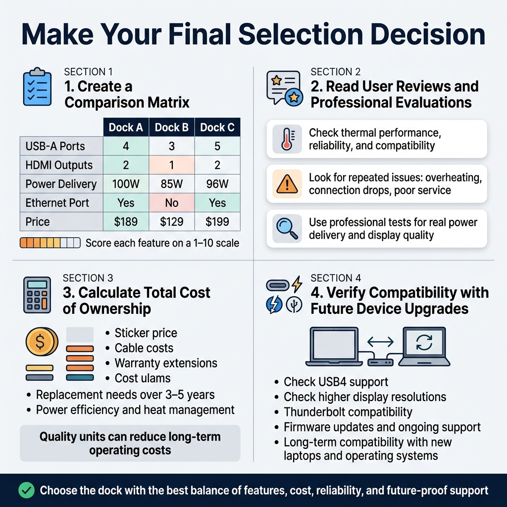 Square 1:1 full-bleed professional infographic, clean modern style, white background with navy, teal, and orange accents, bold sans-serif typography, clear hierarchy, subtle line icons, no frame, no poster border.
Top header across the full width: large bold title in dark navy: "Make Your Final Selection Decision"
Below the title, organize the infographic into 4 wide horizontal sections with icons and short labels, using a 2-column grid on the upper half and a 2-column grid on the lower half.
SECTION 1, upper left: heading with a blue checklist icon: "1. Create a Comparison Matrix"
Show a comparison table with columns labeled "Dock A", "Dock B", "Dock C" and rows labeled:
"USB-A Ports" | "4" | "3" | "5"
"HDMI Outputs" | "2" | "1" | "2"
"Power Delivery" | "100W" | "85W" | "96W"
"Ethernet Port" | "Yes" | "No" | "Yes"
"Price" | "$189" | "$129" | "$199"
Add a small row beneath the table with a rating bar graphic and text: "Score each feature on a 1–10 scale"
SECTION 2, upper right: heading with a review star icon: "2. Read User Reviews and Professional Evaluations"
Use 3 stacked callout cards with small icons: thermometer, warning triangle, magnifying glass.
Card text:
"Check thermal performance, reliability, and compatibility"
"Look for repeated issues: overheating, connection drops, poor service"
"Use professional tests for real power delivery and display quality"
SECTION 3, lower left: heading with a calculator icon: "3. Calculate Total Cost of Ownership"
Show a simple cost breakdown graphic with a coin icon and small horizontal bars.
Include text bullets:
"Sticker price"
"Cable costs"
"Warranty extensions"
"Replacement needs over 3–5 years"
"Power efficiency and heat management"
Add a bottom highlight box with bold text: "Quality units can reduce long-term operating costs"
SECTION 4, lower right: heading with a compatibility icon showing USB-C, Thunderbolt, and firmware symbols: "4. Verify Compatibility with Future Device Upgrades"
Show a laptop and dock connection graphic with arrows and update symbol.
Include text bullets:
"Check USB4 support"
"Check higher display resolutions"
"Thunderbolt compatibility"
"Firmware updates and ongoing support"
"Long-term compatibility with new laptops and operating systems"
Add a slim bottom banner across the full width with a green checkmark icon and bold concluding text: "Choose the dock with the best balance of features, cost, reliability, and future-proof support"
Use strong visual separation between the four sections, aligned grids, balanced spacing, and crisp readable text.