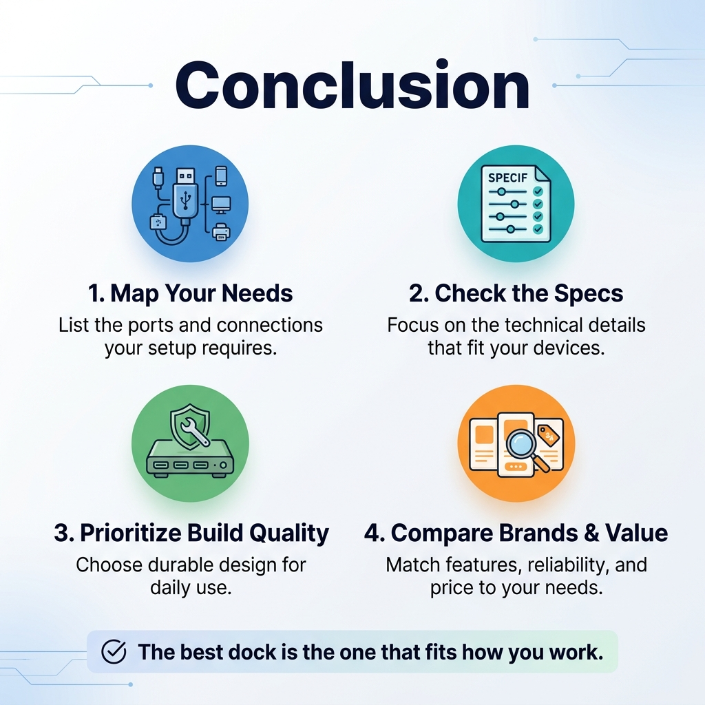 Best USB-C Docking Station . Square 1:1 infographic, full-bleed layout with no border or inset frame, clean modern professional style. Bold heading at the top: "Conclusion" in large dark navy sans-serif font. Background in light white to pale gray with subtle blue gradients and thin tech خطوط.
Use a wide 2x2 grid of four main sections across the center and lower area, each with a colored circular icon and a short numbered title plus one concise supporting line. Clear visual hierarchy, strong spacing, balanced horizontal composition.
Section 1 on upper left: blue icon of a USB-C plug and connected devices. Title text: "1. Map Your Needs" with smaller line: "List the ports and connections your setup requires."
Section 2 on upper right: teal icon of a specs sheet with sliders/checkmarks. Title text: "2. Check the Specs" with smaller line: "Focus on the technical details that fit your devices."
Section 3 on lower left: green icon of a sturdy docking station with a shield and wrench. Title text: "3. Prioritize Build Quality" with smaller line: "Choose durable design for daily use."
Section 4 on lower right: orange icon of three product cards with a magnifying glass and price tag. Title text: "4. Compare Brands & Value" with smaller line: "Match features, reliability, and price to your needs."
Add a slim horizontal highlight band near the bottom with a checkmark icon and emphasized text: "The best dock is the one that fits how you work."
Color palette: navy, teal, blue, green, orange accents on a white and light gray base. Font: bold geometric sans-serif for headings, clean regular sans-serif for body text. Minimal tech aesthetic, crisp lines, subtle shadows, professional infographic illustration.