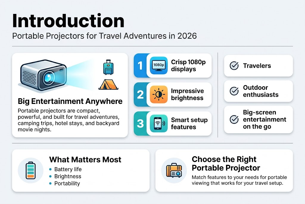 Perfect Portable Projector for Travel 2026

Top full-width header bar with large bold title text: “Introduction”
Directly beneath the title, a smaller subtitle in dark gray: “Portable Projectors for Travel Adventures in 2026”

Main layout in three wide horizontal sections across the page, using cards and icons, no narrow centered stack:

Left section: a large featured card with a compact portable projector icon projecting a bright screen, with a small luggage icon and camping tent icon beside it. Add bold heading text: “Big Entertainment Anywhere” and body text: “Portable projectors are compact, powerful, and built for travel adventures, camping trips, hotel stays, and backyard movie nights.”

Center section: a 3-item numbered feature block with rounded rectangles and icons:
1. A 1080p screen icon with text: “Crisp 1080p displays”
2. A sun/brightness icon with text: “Impressive brightness”
3. A smart app/wifi icon with text: “Smart setup features”

Right section: a checklist-style panel with three stacked items, each with a circular check icon:
“Travelers”
“Outdoor enthusiasts”
“Big-screen entertainment on the go”

Bottom full-width section split into two wide cards:
Left bottom card with a battery icon and text heading: “What Matters Most” and three short bullets:
“Battery life”
“Brightness”
“Portability”

Right bottom card with a suitcase/projector icon and text heading: “Choose the Right Portable Projector” and body text: “Match features to your needs for portable viewing that works for your travel setup.”

Use clear spacing, strong visual hierarchy, bold black headings, dark gray body text, and accent color highlights on key numbers and feature icons. Include clean thin dividers between sections, rounded corners, soft shadows, and a polished editorial infographic look.