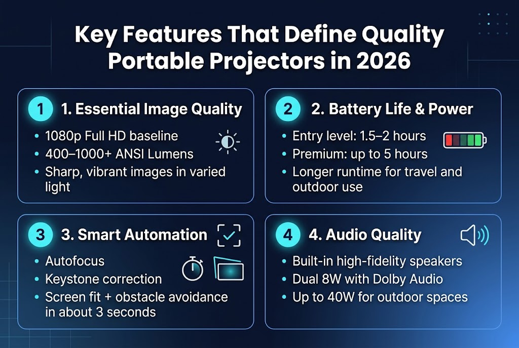 Create a clean, modern infographic illustration in a full-bleed 3:2 landscape layout with a dark navy-to-blue gradient background, white and cyan text, subtle neon accents, and a professional tech aesthetic. Use bold sans-serif typography with a large headline at the top center.

Top header:
"Key Features That Define Quality Portable Projectors in 2026"

Below the header, arrange four wide horizontal content blocks in a 2x2 grid, each with a numbered circle icon and a simple matching symbol:

1. Top-left block with a small projector lens icon and the heading:
"1. Essential Image Quality"
Include 3 short bullet lines:
"1080p Full HD baseline"
"400–1000+ ANSI Lumens"
"Sharp, vibrant images in varied light"

Place a small brightness sun icon beside the lumen line.

2. Top-right block with a battery icon and the heading:
"2. Battery Life & Power"
Include 3 short bullet lines:
"Entry level: 1.5–2 hours"
"Premium: up to 5 hours"
"Longer runtime for travel and outdoor use"

Add a horizontal battery meter graphic showing low to full charge.

3. Bottom-left block with a smart setup icon showing a focus frame and checkmark, heading:
"3. Smart Automation"
Include 3 short bullet lines:
"Autofocus"
"Keystone correction"
"Screen fit + obstacle avoidance in about 3 seconds"

Add a small stopwatch icon and a compact screen-alignment graphic.

4. Bottom-right block with a speaker icon and the heading:
"4. Audio Quality"
Include 3 short bullet lines:
"Built-in high-fidelity speakers"
"Dual 8W with Dolby Audio"
"Up to 40W for outdoor spaces"

Add sound wave lines extending from the speaker icon.

Use a clear visual hierarchy with the title largest, section headings medium-large, and bullet text smaller but legible. Add thin dividing lines between blocks, rounded card panels with soft glow edges, and small numeric badges 1–4 in cyan circles. Keep the composition balanced, wide, and uncluttered with no vertical poster stack. Include subtle background elements like faint grid lines and tiny tech dots, but keep all content readable and central.
