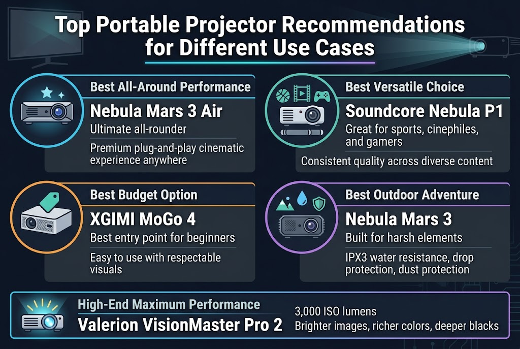 Create a clean, professional full-bleed infographic in a 3:2 aspect ratio with a modern tech aesthetic, dark navy and charcoal background, bright cyan, teal, orange, and purple accent colors, and crisp white text in a bold sans-serif font.

Top header across the full width:
- Large bold title centered at the top: "Top Portable Projector Recommendations for Different Use Cases"
- Add a thin glowing underline and a subtle projector beam graphic behind the title

Main layout: four wide horizontal recommendation blocks arranged in a 2x2 grid across the canvas, each block with a colored icon, a model name, a short use-case label, and 1–2 concise supporting lines.

Top left block:
- Circular icon: a sleek all-purpose projector with a star
- Heading text: "Best All-Around Performance"
- Model name in larger bold text: "Nebula Mars 3 Air"
- Supporting text: "Ultimate all-rounder" and "Premium plug-and-play cinematic experience anywhere"

Top right block:
- Circular icon: a projector with a sports ball, film strip, and game controller
- Heading text: "Best Versatile Choice"
- Model name in larger bold text: "Soundcore Nebula P1"
- Supporting text: "Great for sports, cinephiles, and gamers" and "Consistent quality across diverse content"

Bottom left block:
- Circular icon: a compact projector with a price tag
- Heading text: "Best Budget Option"
- Model name in larger bold text: "XGIMI MoGo 4"
- Supporting text: "Best entry point for beginners" and "Easy to use with respectable visuals"

Bottom right block:
- Circular icon: a rugged projector with mountain, raindrop, and shield symbols
- Heading text: "Best Outdoor Adventure"
- Model name in larger bold text: "Nebula Mars 3"
- Supporting text: "Built for harsh elements" and "IPX3 water resistance, drop protection, dust protection"

Add a slim bottom highlight banner spanning the full width:
- Left side small icon: a premium projector with bright light rays
- Banner heading text: "High-End Maximum Performance"
- Model name in bold: "Valerion VisionMaster Pro 2"
- Supporting text: "3,000 ISO lumens" and "Brighter images, richer colors, deeper blacks"

Use clear visual hierarchy with large headings, medium model names, smaller supporting text, and color-coded section borders. Keep spacing balanced, with wide horizontal sections and no vertical poster stack. Include subtle background graphics of a screen, light beams, and faint tech lines.