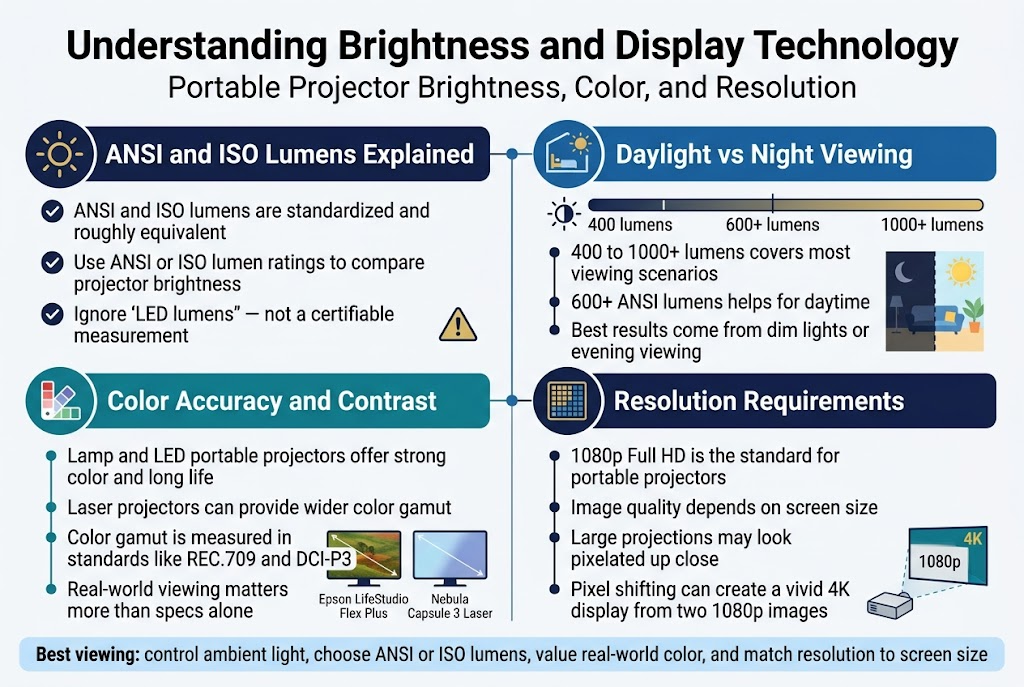 Create a clean professional full-bleed infographic in 3:2 aspect ratio with a modern tech style, white background with deep navy, blue, teal, and gold accents, sans-serif typography, strong visual hierarchy, and a bold top title.

TOP HEADER:
Large bold title centered across the top: "Understanding Brightness and Display Technology"
Small subtitle beneath it: "Portable Projector Brightness, Color, and Resolution"

MAIN LAYOUT:
Use a wide 2-column by 2-row grid of four large sections with colored headers, icons, and concise bullet-style text. Add small connecting lines and simple flat vector icons.

SECTION 1 — TOP LEFT:
Header with a sun icon and text: "ANSI and ISO Lumens Explained"
Include 3 short bullets with checkmark icons:
"ANSI and ISO lumens are standardized and roughly equivalent"
"Use ANSI or ISO lumen ratings to compare projector brightness"
"Ignore 'LED lumens' — not a certifiable measurement"
Add a small warning triangle next to "LED lumens"

SECTION 2 — TOP RIGHT:
Header with a room-and-sun icon and text: "Daylight vs Night Viewing"
Show a brightness scale bar labeled from left to right:
"400 lumens" "600+ lumens" "1000+ lumens"
Add short bullets:
"400 to 1000+ lumens covers most viewing scenarios"
"600+ ANSI lumens helps for daytime viewing"
"Best results come from dim lights or evening viewing"
Include a split scene icon: dark room on one side, bright sunlit room on the other side

SECTION 3 — BOTTOM LEFT:
Header with a color palette icon and text: "Color Accuracy and Contrast"
Include 4 short bullets:
"Lamp and LED portable projectors offer strong color and long life"
"Laser projectors can provide wider color gamut"
"Color gamut is measured in standards like REC.709 and DCI-P3"
"Real-world viewing matters more than specs alone"
Add small side-by-side screen icons: one with natural colors, one with a slight bluish tint
Small label under the icons: "Epson LifeStudio Flex Plus" and "Nebula Capsule 3 Laser"

SECTION 4 — BOTTOM RIGHT:
Header with a resolution grid icon and text: "Resolution Requirements"
Include 4 short bullets:
"1080p Full HD is the standard for portable projectors"
"Image quality depends on screen size"
"Large projections may look pixelated up close"
"Pixel shifting can create a vivid 4K display from two 1080p images"
Add a small projector-to-screen diagram with a 1080p screen and a sharper 4K-style screen

BOTTOM STRIP:
Across the bottom, include a highlighted takeaway bar with a light blue background and bold text:
"Best viewing: control ambient light, choose ANSI or ISO lumens, value real-world color, and match resolution to screen size"

STYLE:
Use crisp flat vector illustrations, subtle shadows, clear spacing, bold section headers, medium-weight body text, and simple icons for brightness, warning, color, and resolution. Keep all text readable and aligned within each section.