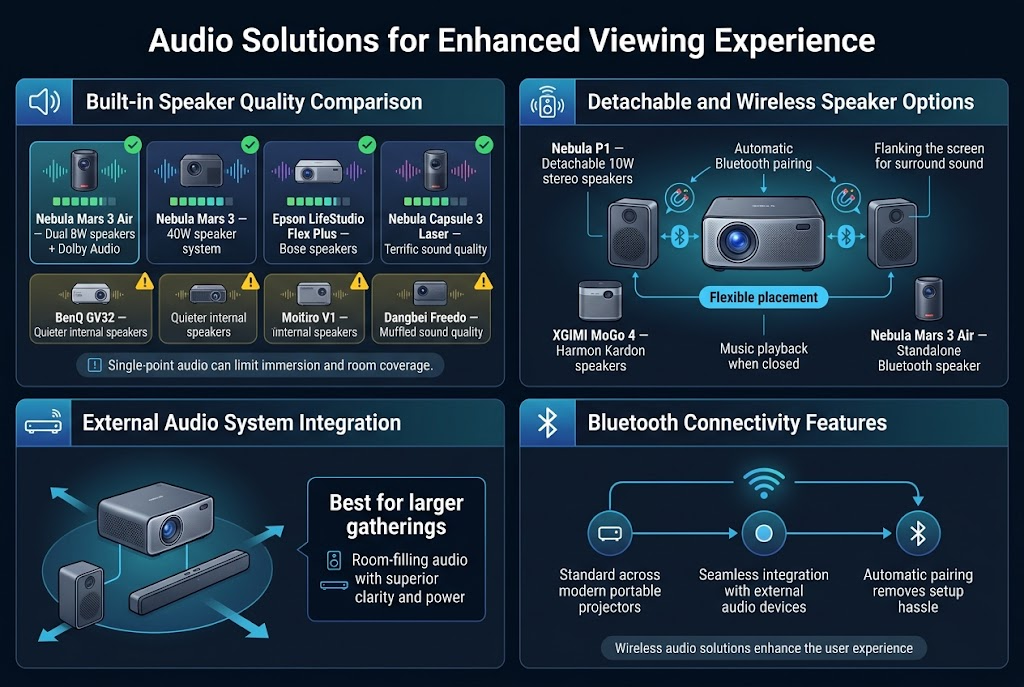 Create a clean, modern full-bleed infographic in a 3:2 landscape aspect ratio, with a dark navy-to-black background, electric blue and teal accents, white text, and subtle gradient panels. Use a bold sans-serif font for headings and a readable sans-serif font for body text. Place a large title across the top center: "Audio Solutions for Enhanced Viewing Experience". 

Below the title, arrange four wide horizontal content sections in a balanced 2x2 grid with clear dividers and icons.

Section 1 on the upper left: heading "Built-in Speaker Quality Comparison" with a speaker icon. Show a left-to-right comparison strip of projector cards with small sound-wave graphics and rating bars.
Include these labels exactly:
"Nebula Mars 3 Air — Dual 8W speakers + Dolby Audio"
"Nebula Mars 3 — 40W speaker system"
"Epson LifeStudio Flex Plus — Bose speakers"
"Nebula Capsule 3 Laser — Terrific sound quality"
"BenQ GV32 — Quieter internal speakers"
"Dangbei Freedo — Muffled sound quality"
Add small visual markers: green check icons for the first four, yellow caution icons for the last two. Include a small note box at the bottom of this section with the text: "Single-point audio can limit immersion and room coverage."

Section 2 on the upper right: heading "Detachable and Wireless Speaker Options" with a wireless speaker icon. Show a projector in the center with two detachable speakers separated to each side, linked by glowing Bluetooth lines and magnetic snap icons.
Include these labels exactly:
"Nebula P1 — Detachable 10W stereo speakers"
"Magnetic attachment"
"Automatic Bluetooth pairing"
"Flanking the screen for surround sound"
"XGIMI MoGo 4 — Harmon Kardon speakers"
"Music playback when closed"
"Nebula Mars 3 Air — Standalone Bluetooth speaker"
Use a blue highlight badge reading: "Flexible placement"

Section 3 on the lower left: heading "External Audio System Integration" with a soundbar icon. Show a projector connected to a Bluetooth speaker and a soundbar, with arrows pointing outward to a larger room space. Include a bold callout box with the text: "Best for larger gatherings" and smaller text beneath: "Room-filling audio with superior clarity and power". Use simple icons for speaker and soundbar.

Section 4 on the lower right: heading "Bluetooth Connectivity Features" with a Bluetooth symbol icon. Use a clean flow diagram with three connected nodes and wireless signal lines. Include these labels exactly:
"Standard across modern portable projectors"
"Seamless integration with external audio devices"
"Automatic pairing removes setup hassle"
Add a small footer banner at the bottom of this section: "Wireless audio solutions enhance the user experience"

Use consistent iconography, crisp vector shapes, subtle shadows, and a polished editorial infographic style. Keep all text legible and clearly separated, with strong visual hierarchy and ample horizontal spacing.