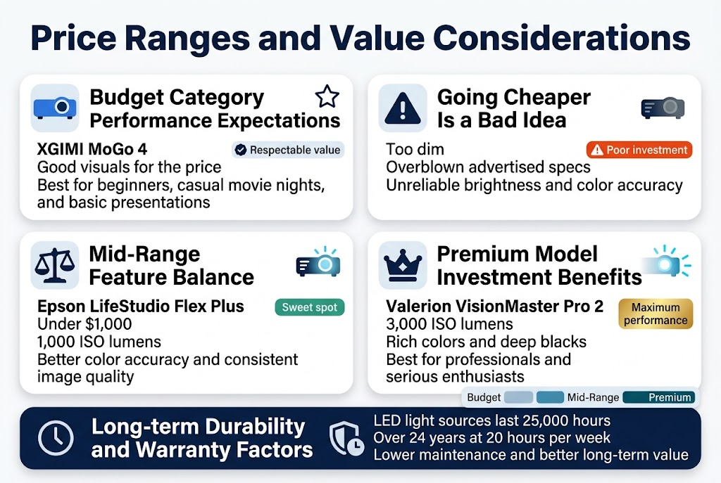 Create a clean, professional full-bleed infographic in a 3:2 aspect ratio with a modern tech style, white background, deep navy and blue accents, teal highlights, and orange for warnings. Use bold sans-serif typography with a clear visual hierarchy.

Top center headline in large bold text: "Price Ranges and Value Considerations"

Below the title, design four wide horizontal sections across the page, arranged as a 2x2 grid of large cards with icons and short text blocks:

1) Top left card — Budget Category Performance Expectations
Include a small blue projector icon and a simple star icon.
Heading text: "Budget Category Performance Expectations"
Body text in 2–3 short lines:
"XGIMI MoGo 4"
"Good visuals for the price"
"Best for beginners, casual movie nights, and basic presentations"
Add a small checkmark badge with text: "Respectable value"

2) Top right card — Why Cheaper Than Budget Is Risky
Include a warning triangle icon and a dim projector icon.
Heading text: "Going Cheaper Is a Bad Idea"
Body text in 2–3 short lines:
"Too dim"
"Overblown advertised specs"
"Unreliable brightness and color accuracy"
Add a red warning label: "Poor investment"

3) Bottom left card — Mid-Range Feature Balance
Include a balanced scale icon and a bright projector icon.
Heading text: "Mid-Range Feature Balance"
Body text in 2–3 short lines:
"Epson LifeStudio Flex Plus"
"Under $1,000"
"1,000 ISO lumens"
"Better color accuracy and consistent image quality"
Add a green badge: "Sweet spot"

4) Bottom right card — Premium Model Investment Benefits
Include a premium crown icon and a very bright projector beam icon.
Heading text: "Premium Model Investment Benefits"
Body text in 2–3 short lines:
"Valerion VisionMaster Pro 2"
"3,000 ISO lumens"
"Rich colors and deep blacks"
"Best for professionals and serious enthusiasts"
Add a gold badge: "Maximum performance"

Across the bottom of the infographic, add a wide full-width banner section with a clock icon and a durability icon:
Heading text: "Long-term Durability and Warranty Factors"
Body text in one or two lines:
"LED light sources last 25,000 hours"
"Over 24 years at 20 hours per week"
"Lower maintenance and better long-term value"

Add a small horizontal comparison strip near the center or bottom with three labeled bars showing relative brightness:
"Budget" with a short bar
"Mid-Range" with a medium bar
"Premium" with the longest bar

Use clear spacing, clean alignment, subtle drop shadows, rounded rectangles for cards, and strong contrast. Keep the layout wide and balanced, with no vertical poster framing.