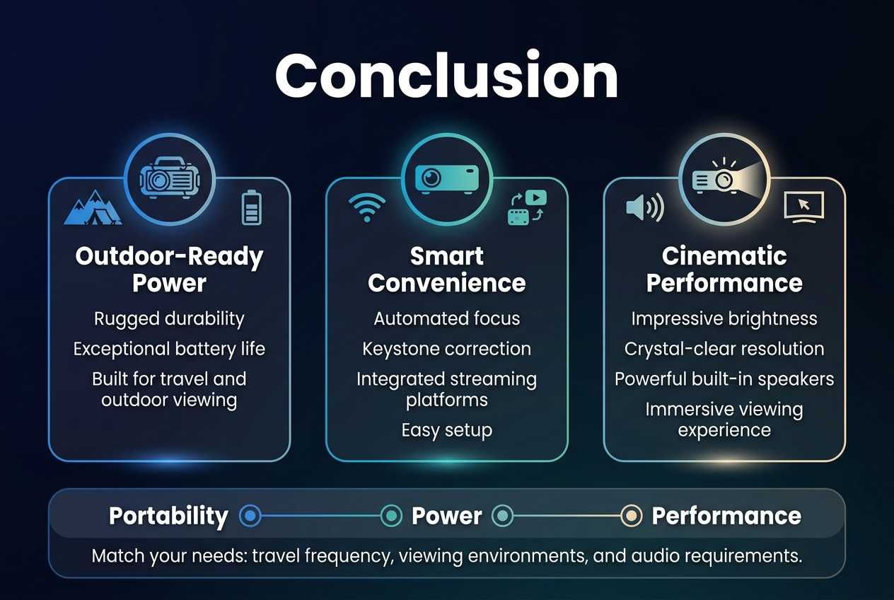 Create a clean professional infographic in a 3:2 aspect ratio with a full-bleed layout and no inset frame. Use a modern dark navy-to-black gradient background with electric blue, teal, and warm white accents. Add a bold headline at the top center in large white sans-serif text: "Conclusion". 

Place a wide horizontal three-section layout across the middle, with each section in a rounded rectangle card and a matching icon above or beside the text.

Left section: an outdoor-themed card with a rugged projector icon, mountain/camping silhouette, and a battery symbol. Title text: "Outdoor-Ready Power". Body text: "Rugged durability" "Exceptional battery life" "Built for travel and outdoor viewing"

Center section: a smart-feature card with a compact projector icon, Wi‑Fi symbol, and streaming/play icons. Title text: "Smart Convenience". Body text: "Automated focus" "Keystone correction" "Integrated streaming platforms" "Easy setup"

Right section: a home-theater card with a bright projector beam icon, speaker waves, and a sharp screen symbol. Title text: "Cinematic Performance". Body text: "Impressive brightness" "Crystal-clear resolution" "Powerful built-in speakers" "Immersive viewing experience"

Along the bottom, add a wide summary bar with three labeled circular markers connected by a thin line: "Portability", "Power", "Performance". Under the line, add a final sentence in smaller white text: "Match your needs: travel frequency, viewing environments, and audio requirements."

Use clear visual hierarchy: large title, medium section titles, smaller body text. Keep all text crisp and legible, aligned in a balanced horizontal composition, with subtle glowing highlights and clean modern infographic styling.