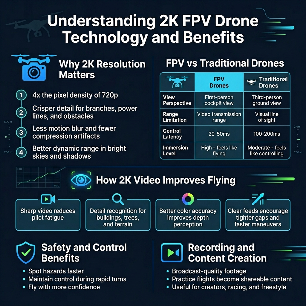 Square 1:1 infographic, full-bleed layout, modern clean tech style, dark navy background with cyan, electric blue, white, and neon green accents, bold sans-serif typography, crisp vector icons, high contrast, professional drone-tech aesthetic.

Top center large bold heading in white: "Understanding 2K FPV Drone Technology and Benefits"

Below the heading, create a wide two-column layout with clear section blocks.

LEFT TOP SECTION:
A large blue camera-and-drone icon beside the title "Why 2K Resolution Matters" in bold white.
Under it, use 4 numbered bullet points with small circular icons:
1. "4x the pixel density of 720p"
2. "Crisper detail for branches, power lines, and obstacles"
3. "Less motion blur and fewer compression artifacts"
4. "Better dynamic range in bright skies and shadows"

RIGHT TOP SECTION:
A split comparison panel titled "FPV vs Traditional Drones" in bold white.
Show two side-by-side boxes with small drone icons:
Left box header: "FPV Drones"
Right box header: "Traditional Drones"
Include a simple comparison table inside with clean rows:
"View Perspective | First-person cockpit view | Third-person ground view"
"Range Limitation | Video transmission range | Visual line of sight"
"Control Latency | 20-50ms | 100-200ms"
"Immersion Level | High - feels like flying | Moderate - feels like controlling"

CENTER MIDDLE SECTION:
A wide banner with a glowing eye/camera icon and the title "How 2K Video Improves Flying" in bold white.
Add 4 horizontal feature cards with icons:
- "Sharp video reduces pilot fatigue"
- "Detail recognition for buildings, trees, and terrain"
- "Better color accuracy improves depth perception"
- "Clear feeds encourage tighter gaps and faster maneuvers"

BOTTOM LEFT SECTION:
A shield/checkmark icon with the title "Safety and Control Benefits"
Include 3 short bullets:
- "Spot hazards faster"
- "Maintain control during rapid turns"
- "Fly with more confidence"

BOTTOM RIGHT SECTION:
A recording/play icon with the title "Recording and Content Creation"
Include 3 short bullets:
- "Broadcast-quality footage"
- "Practice flights become shareable content"
- "Useful for creators, racing, and freestyle"

Add subtle background elements: faint drone silhouette, flight path lines, HUD-style grid, small altitude markers, and motion streaks. Use clean spacing, strong hierarchy, aligned blocks, and wide horizontal balance. No frame, no border, no photo realism, only polished infographic illustration.