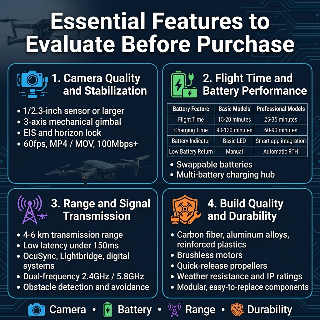 Square 1:1 infographic, full-bleed background, clean modern tech style, dark navy and cyan with white text and orange accent highlights, bold sans-serif fonts, subtle drone imagery and circuit-line patterns in the background.

Top header across full width: large bold title in white text: "Essential Features to Evaluate Before Purchase"

Below the title, create a 2x2 grid of four wide section panels with rounded corners, each with a colored icon at the left of the section heading and short bullet points.

Top-left panel:
Heading text: "1. Camera Quality and Stabilization"
Icon: a blue camera with a gimbal and motion lines
Bullets:
"• 1/2.3-inch sensor or larger"
"• 3-axis mechanical gimbal"
"• EIS and horizon lock"
"• 60fps, MP4 / MOV, 100Mbps+"

Top-right panel:
Heading text: "2. Flight Time and Battery Performance"
Icon: a green battery with lightning bolt and a charging hub
Include a small comparison table inside this panel with clear grid lines and bold column headers:
"Battery Feature | Basic Models | Professional Models"
"Flight Time | 15-20 minutes | 25-35 minutes"
"Charging Time | 90-120 minutes | 60-90 minutes"
"Battery Indicator | Basic LED | Smart app integration"
"Low Battery Return | Manual | Automatic RTH"
Add two small bullets under the table:
"• Swappable batteries"
"• Multi-battery charging hub"

Bottom-left panel:
Heading text: "3. Range and Signal Transmission"
Icon: a purple antenna tower with radio waves and a drone silhouette
Bullets:
"• 4-6 km transmission range"
"• Low latency under 150ms"
"• OcuSync, Lightbridge, digital systems"
"• Dual-frequency 2.4GHz / 5.8GHz"
"• Obstacle detection and avoidance"

Bottom-right panel:
Heading text: "4. Build Quality and Durability"
Icon: an orange shield with a drone frame, brushless motor, and wrench
Bullets:
"• Carbon fiber, aluminum alloys, reinforced plastics"
"• Brushless motors"
"• Quick-release propellers"
"• Weather resistance and IP ratings"
"• Modular, easy-to-replace components"

Add a slim bottom strip spanning full width with small icons for each category and the text: "Camera • Battery • Range • Durability"

Use strong visual hierarchy, crisp spacing, aligned text blocks, professional infographic layout, no vertical poster frame, no inset margin border, wide horizontal sections, high readability.