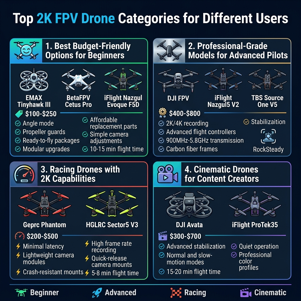 Create a full-bleed 1:1 square infographic with a clean modern tech style, dark navy background, electric blue, cyan, white, and orange accent colors, bold sans-serif fonts, and clear visual hierarchy. Place a large title across the top: "Top 2K FPV Drone Categories for Different Users". Under the title, use a 2x2 grid of wide horizontal information panels with icons, labels, and concise bullet points.

Top-left panel: a beginner-friendly budget section with a smiling drone icon and text header "1. Best Budget-Friendly Options for Beginners". Show three small drone illustrations with labels: "EMAX Tinyhawk III", "BetaFPV Cetus Pro", "iFlight Nazgul Evoque F5D". Add small price tag icon and text: "$100-$250". Include bullet points with check icons: "Angle mode", "Propeller guards", "Ready-to-fly packages", "Affordable replacement parts", "Simple camera adjustments", "10-15 min flight time". Use green and blue highlights.

Top-right panel: a professional drone section with a sleek carbon-fiber drone icon and text header "2. Professional-Grade Models for Advanced Pilots". Show three drone labels: "DJI FPV", "iFlight Nazgul5 V2", "TBS Source One V5". Add a premium badge icon and text: "$400-$800". Include bullet points with check icons: "2K/4K recording", "Advanced flight controllers", "900MHz-5.8GHz transmission", "Carbon fiber frames", "Modular upgrades". Add a small stabilization icon and the label "RockSteady". Use silver, blue, and gold accents.

Bottom-left panel: a racing drone section with a speed icon and text header "3. Racing Drones with 2K Capabilities". Show two drone labels: "Geprc Phantom" and "HGLRC Sector5 V3". Add a speedometer icon and text: "$200-$500". Include bullet points with lightning icons: "Minimal latency", "Lightweight camera modules", "Crash-resistant mounts", "High frame rate recording", "Quick-release camera mounts", "5-8 min flight time". Use red, black, and neon yellow accents.

Bottom-right panel: a cinematic creator section with a camera and film icon and text header "4. Cinematic Drones for Content Creators". Show two drone labels: "DJI Avata" and "iFlight ProTek35". Add a film reel icon and text: "$300-$700". Include bullet points with check icons: "Advanced stabilization", "Normal and slow-motion modes", "15-20 min flight time", "Quiet operation", "Professional color profiles". Use teal, purple, and white accents.

Along the bottom, add a thin summary strip with four small icons and short labels: "Beginner", "Advanced", "Racing", "Cinematic". Keep the layout balanced, wide, and uncluttered, with crisp vector-style drone illustrations, subtle glow effects, and strong contrast for readability. Include only the exact text shown above.