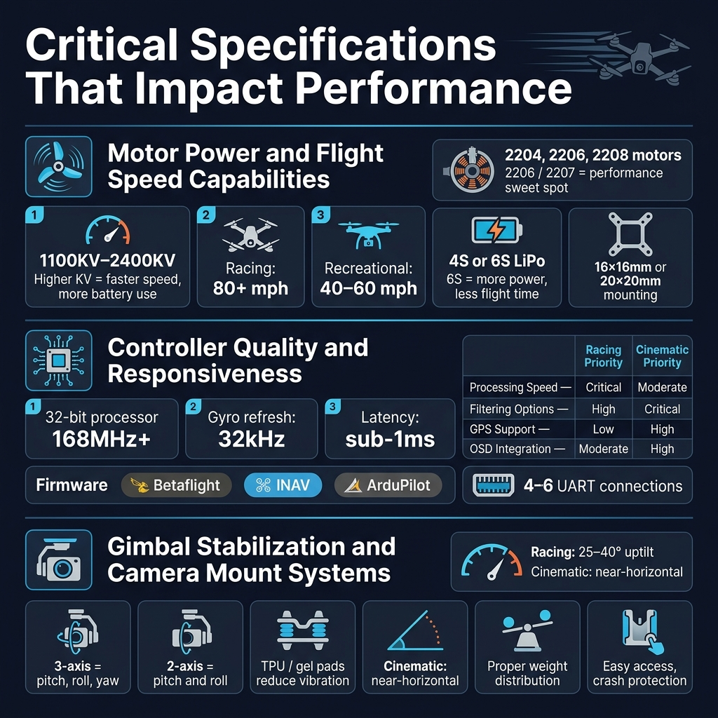 Square 1:1 infographic, full-bleed layout with no outer frame, clean modern technology style, dark navy background with electric blue, cyan, white, and subtle orange accents, bold sans-serif fonts with strong hierarchy, crisp vector icons, professional drone theme.

Top header across the full width: large bold title in white, "Critical Specifications That Impact Performance", with a small FPV drone silhouette and subtle motion lines behind the title.

Below the header, arrange three wide horizontal content bands stacked vertically, each with a left-side icon and a clear section heading.

SECTION 1 on the upper-left and upper-center: a motor icon with spinning propeller blades. Heading: "Motor Power and Flight Speed Capabilities"
Use three compact info cards in a row beneath the heading:
- Card 1 with a speedometer icon and text: "1100KV–2400KV" and "Higher KV = faster speed, more battery use"
- Card 2 with a racing drone icon and text: "Racing: 80+ mph"
- Card 3 with a leisure drone icon and text: "Recreational: 40–60 mph"
Add a larger side note block with a motor cutaway icon and text: "2204, 2206, 2208 motors" and "2206 / 2207 = performance sweet spot"
Add a battery icon callout: "4S or 6S LiPo" and "6S = more power, less flight time"
Add a small frame mount diagram icon with text: "16x16mm or 20x20mm mounting"

SECTION 2 across the middle width: a flight controller board icon with microchip traces. Heading: "Controller Quality and Responsiveness"
Place three metric tiles in a row with clean data-style layout:
- Tile 1: "32-bit processor" and "168MHz+"
- Tile 2: "Gyro refresh: 32kHz"
- Tile 3: "Latency: sub-1ms"
Add a firmware strip with three labeled pills and small icons:
"Betaflight", "INAV", "ArduPilot"
Add a small comparison table on the right side with two columns titled "Racing Priority" and "Cinematic Priority" and four rows:
"Processing Speed — Critical / Moderate"
"Filtering Options — High / Critical"
"GPS Support — Low / High"
"OSD Integration — Moderate / High"
Add a UART port icon row with text: "4–6 UART connections"

SECTION 3 across the lower width: a camera gimbal and camera mount icon. Heading: "Gimbal Stabilization and Camera Mount Systems"
Show three visual feature blocks:
- A 3-axis gimbal icon with text: "3-axis = pitch, roll, yaw"
- A 2-axis gimbal icon with text: "2-axis = pitch and roll"
- A soft mount icon with rubber dampeners and text: "TPU / gel pads reduce vibration"
Add a camera angle gauge graphic with text labels: "Racing: 25–40° uptilt" and "Cinematic: near-horizontal"
Add a balancing icon with text: "Proper weight distribution"
Add a quick-release mount icon with text: "Easy access, crash protection"

Use thin divider lines between sections, subtle glow highlights around icons, and consistent spacing. Keep all text sharp and readable, aligned in neat blocks, with a balanced multi-column composition across the square canvas.