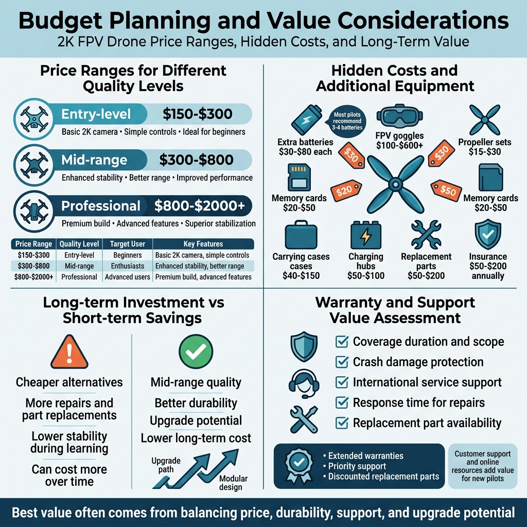 Create a clean, professional square infographic in 1:1 aspect ratio with a full-bleed layout, no border frame, using a modern blue, teal, white, and orange color palette, bold sans-serif typography, and clear section hierarchy.

Top header across the full width:
Large bold title text: "Budget Planning and Value Considerations"
Small subtitle beneath: "2K FPV Drone Price Ranges, Hidden Costs, and Long-Term Value"

Main layout: a 2x2 grid of wide panels with icons and visual blocks, plus a bottom comparison strip.

Top-left large panel titled: "Price Ranges for Different Quality Levels"
Show three horizontal price bars with icons:
1) "Entry-level" with a beginner drone icon, price text: "$150-$300", key text: "Basic 2K camera • Simple controls • Ideal for beginners"
2) "Mid-range" with an enthusiast drone icon, price text: "$300-$800", key text: "Enhanced stability • Better range • Improved performance"
3) "Professional" with a premium drone icon, price text: "$800-$2000+", key text: "Premium build • Advanced features • Superior stabilization"
Add a small table-style label row inside this panel with exact text:
"Price Range | Quality Level | Target User | Key Features"
" $150-$300 | Entry-level | Beginners | Basic 2K camera, simple controls"
" $300-$800 | Mid-range | Enthusiasts | Enhanced stability, better range"
" $800-$2000+ | Professional | Advanced users | Premium build, advanced features"

Top-right large panel titled: "Hidden Costs and Additional Equipment"
Use a cluster of accessory icons with price tags:
Battery icon with text: "Extra batteries $30-$80 each"
Goggles icon with text: "FPV goggles $100-$600+"
Propeller icon with text: "Propeller sets $15-$30"
Memory card icon with text: "Memory cards $20-$50"
Carrying case icon with text: "Carrying cases $40-$150"
Charging hub icon with text: "Charging hubs $50-$100"
Replacement parts icon with text: "Replacement parts $50-$200"
Shield/insurance icon with text: "Insurance $50-$200 annually"
Include a small callout badge: "Most pilots recommend 3-4 batteries"

Bottom-left panel titled: "Long-term Investment vs Short-term Savings"
Show a split comparison with two columns:
Left column with red/orange warning icon and text:
"Cheaper alternatives"
"More repairs and part replacements"
"Lower stability during learning"
"Can cost more over time"
Right column with green check icon and text:
"Mid-range quality"
"Better durability"
"Upgrade potential"
"Lower long-term cost"
Add a small upward-arrow path graphic labeled: "Upgrade path" and "Modular design"

Bottom-right panel titled: "Warranty and Support Value Assessment"
Show a shield, headset, and wrench/support icons with checklist bullets:
"Coverage duration and scope"
"Crash damage protection"
"International service support"
"Response time for repairs"
"Replacement part availability"
Below, include a support badge with exact text:
"Extended warranties • Priority support • Discounted replacement parts"
Add a small note box:
"Customer support and online resources add value for new pilots"

Bottom center or across the bottom edge as a final summary banner:
Bold text: "Best value often comes from balancing price, durability, support, and upgrade potential"

Use neat infographic icons, strong spacing, aligned text blocks, subtle shadows, and clean dividers between sections. Keep the layout wide and balanced, with no cramped vertical stacking.