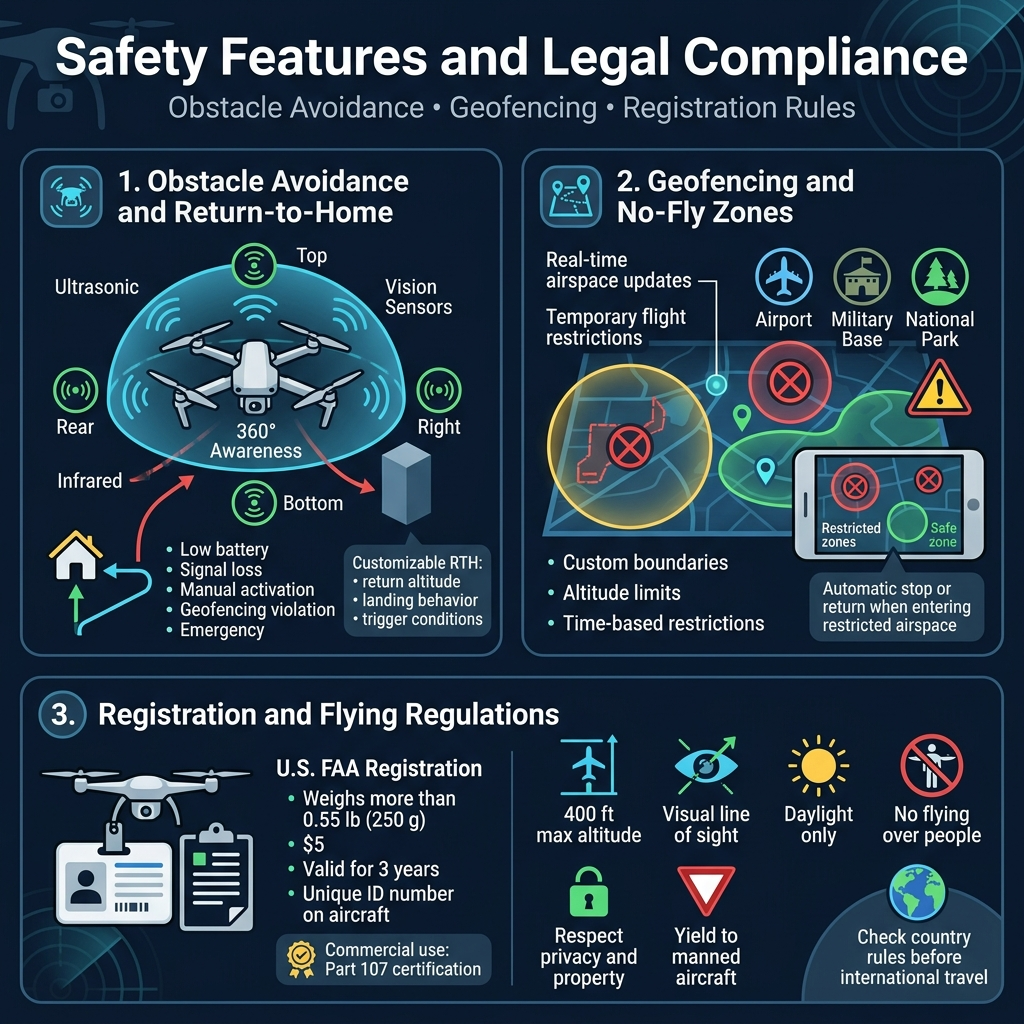 Square 1:1 full-bleed professional infographic on a clean dark navy and white background with cyan, green, yellow, and red accents, modern sans-serif fonts, bold hierarchy, crisp vector icons, wide multi-section layout, no frame, no inset margins.

Top header across full width:
Large bold title text: "Safety Features and Legal Compliance"
Small subtitle beneath: "Obstacle Avoidance • Geofencing • Registration Rules"

Main layout: three horizontal content blocks across the canvas with icons and numbered labels.

Left block, upper-left and center-left:
Section heading: "1. Obstacle Avoidance and Return-to-Home"
Show a drone in flight surrounded by a 360-degree sensor bubble with sensor icons on all sides: front, rear, left, right, top, bottom.
Add small labels around the drone: "Ultrasonic", "Infrared", "Vision Sensors", "360° Awareness".
Include arrows showing the drone stopping or rerouting around an obstacle.
Add a separate small home icon with a path line returning to takeoff point.
Include a compact bullet list beside the icon:
"Low battery"
"Signal loss"
"Manual activation"
"Geofencing violation"
"Emergency"
Small callout box: "Customizable RTH: return altitude • landing behavior • trigger conditions"

Center block, upper-right and center:
Section heading: "2. Geofencing and No-Fly Zones"
Show a map-style graphic with glowing boundary circles and restricted zones marked by red crossed-out icons.
Include icons for airport, military base, national park, and warning triangle.
Add label text near the map: "Real-time airspace updates", "Temporary flight restrictions", "Custom boundaries", "Altitude limits", "Time-based restrictions"
Place a controller screen graphic showing nearby restricted zones and safe zones.
Small callout box: "Automatic stop or return when entering restricted airspace"

Bottom block, full width:
Section heading: "3. Registration and Flying Regulations"
Use a split layout with a registration card on the left and regulation icons on the right.
Left side: a drone with ID tag icon and form/document icon.
Text block:
"U.S. FAA Registration"
"Weighs more than 0.55 lb (250 g)"
"$5"
"Valid for 3 years"
"Unique ID number on aircraft"
Small badge: "Commercial use: Part 107 certification"
Right side: six regulation icons in a grid with short labels:
"400 ft max altitude"
"Visual line of sight"
"Daylight only"
"No flying over people"
"Respect privacy and property"
"Yield to manned aircraft"
Bottom-right small globe icon with text: "Check country rules before international travel"

Design details:
Use clear section dividers, rounded rectangles for each block, thin white lines, strong contrast, subtle drone and radar motifs in the background, professional tech infographic style, balanced spacing, readable text, minimal clutter.