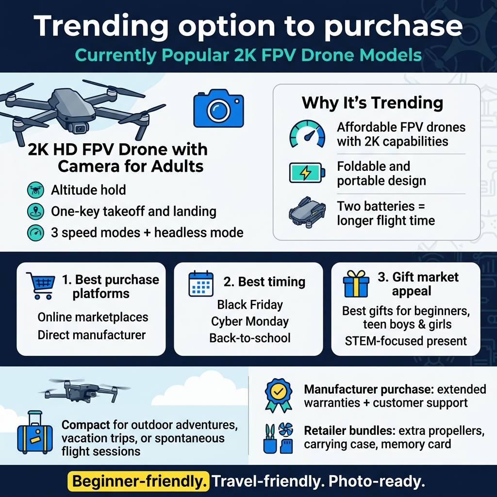 Square 1:1 infographic, full-bleed clean professional layout, modern sans-serif fonts, dark navy and white base with electric blue, teal, and yellow accents, subtle drone/tech background pattern, wide multi-section composition, no poster frame, no inset margins.

Top header across full width: bold large title text in white on dark navy banner: "Trending option to purchase"
Directly below, smaller subtitle text in teal: "Currently Popular 2K FPV Drone Models"

Left upper section with a large drone illustration and blue camera icon:
Heading text: "2K HD FPV Drone with Camera for Adults"
Three bullet points with small circular icons:
"Altitude hold"
"One-key takeoff and landing"
"3 speed modes + headless mode"

Right upper section in a clean block with a speedometer icon, battery icon, and folded drone icon:
Heading text: "Why It’s Trending"
Three short stacked points:
"Affordable FPV drones with 2K capabilities"
"Foldable and portable design"
"Two batteries = longer flight time"

Middle wide horizontal band with three numbered cards and icons:
Card 1 with shopping cart icon:
"1. Best purchase platforms"
"Online marketplaces"
"Direct manufacturer"
Card 2 with calendar icon:
"2. Best timing"
"Black Friday"
"Cyber Monday"
"Back-to-school"
Card 3 with gift box icon:
"3. Gift market appeal"
"Best gifts for beginners, teen boys & girls"
"STEM-focused present"

Bottom wide section with a split layout:
Left side: small drone flying over a travel suitcase icon with caption:
"Compact for outdoor adventures, vacation trips, or spontaneous flight sessions"
Right side: warranty badge icon and accessory icons:
"Manufacturer purchase: extended warranties + customer support"
"Retailer bundles: extra propellers, carrying case, memory card"

Bottom footer strip with a highlighted callout in yellow:
"Beginner-friendly. Travel-friendly. Photo-ready."
Use clear hierarchy, bold section headers, concise readable text, balanced spacing, crisp infographic icons, clean vector style.