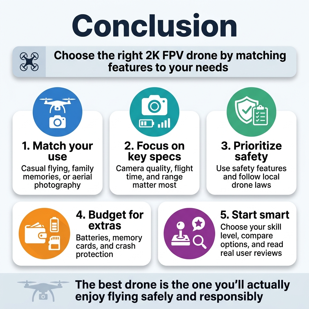 Square 1:1 infographic, full-bleed layout, clean professional modern style, white background with blue, teal, and dark gray accents, bold sans-serif typography. 

Top center: large bold heading in dark navy text: "Conclusion"

Under the heading, a wide horizontal subheading bar with small drone icon on the left and text: "Choose the right 2K FPV drone by matching features to your needs"

Main content arranged in 5 wide rounded rectangles across a balanced grid, not a vertical stack, each with a large colored icon, a numbered label, and short text:

1. Left upper block: blue circle icon with a drone and camera symbol. Text: "1. Match your use" and smaller text: "Casual flying, family memories, or aerial photography"

2. Upper center block: teal circle icon with camera lens, battery, and signal bars. Text: "2. Focus on key specs" and smaller text: "Camera quality, flight time, and range matter most"

3. Upper right block: green circle icon with a shield and checklist. Text: "3. Prioritize safety" and smaller text: "Use safety features and follow local drone laws"

4. Lower left block: orange circle icon with wallet, extra battery, and memory card symbols. Text: "4. Budget for extras" and smaller text: "Batteries, memory cards, and crash protection"

5. Lower center-right block: purple circle icon with beginner joystick, magnifying glass, and star review symbols. Text: "5. Start smart" and smaller text: "Choose your skill level, compare options, and read real user reviews"

Bottom banner across the width with a subtle drone silhouette and bold closing statement: "The best drone is the one you’ll actually enjoy flying safely and responsibly"

Use clean spacing, strong visual hierarchy, subtle shadows, crisp vector icons, and clearly legible text. No decorative frame, no poster border, no extra text.