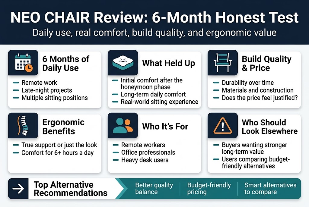 NEO CHAIR Review

Top banner across the full width with a bold headline in large text: "NEO CHAIR Review: 6-Month Honest Test"
Add a smaller subtitle beneath it: "Daily use, real comfort, build quality, and ergonomic value"

Below the title, arrange five wide sections in a 2-row layout with cards and icons, not a vertical stack.

Left top card: a calendar and clock icon, with the heading "6 Months of Daily Use" and three short bullet lines:
"Remote work"
"Late-night projects"
"Multiple sitting positions"

Center top card: a comfort cushion icon, heading "What Held Up"
Include three short bullets:
"Initial comfort after the honeymoon phase"
"Long-term daily comfort"
"Real-world sitting experience"

Right top card: a sturdy chair frame icon, heading "Build Quality & Price"
Include three short bullets:
"Durability over time"
"Materials and construction"
"Does the price feel justified?"

Left bottom card: an ergonomic spine icon, heading "Ergonomic Benefits"
Include two short bullets:
"True support or just the look"
"Comfort for 6+ hours a day"

Center bottom card: a user group icon with two silhouettes, heading "Who It’s For"
Include three short bullets:
"Remote workers"
"Office professionals"
"Heavy desk users"

Right bottom card: a warning triangle icon, heading "Who Should Look Elsewhere"
Include two short bullets:
"Buyers wanting stronger long-term value"
"Users comparing budget-friendly alternatives"

Along the bottom spanning the full width, add a highlighted comparison strip with an arrow icon and the heading "Top Alternative Recommendations"
Include short text blocks:
"Better quality balance"
"Budget-friendly pricing"
"Smart alternatives to compare"

Use crisp iconography, well-spaced text, clean alignment, and strong section dividers. Keep the infographic polished, readable, and balanced across the full horizontal canvas.