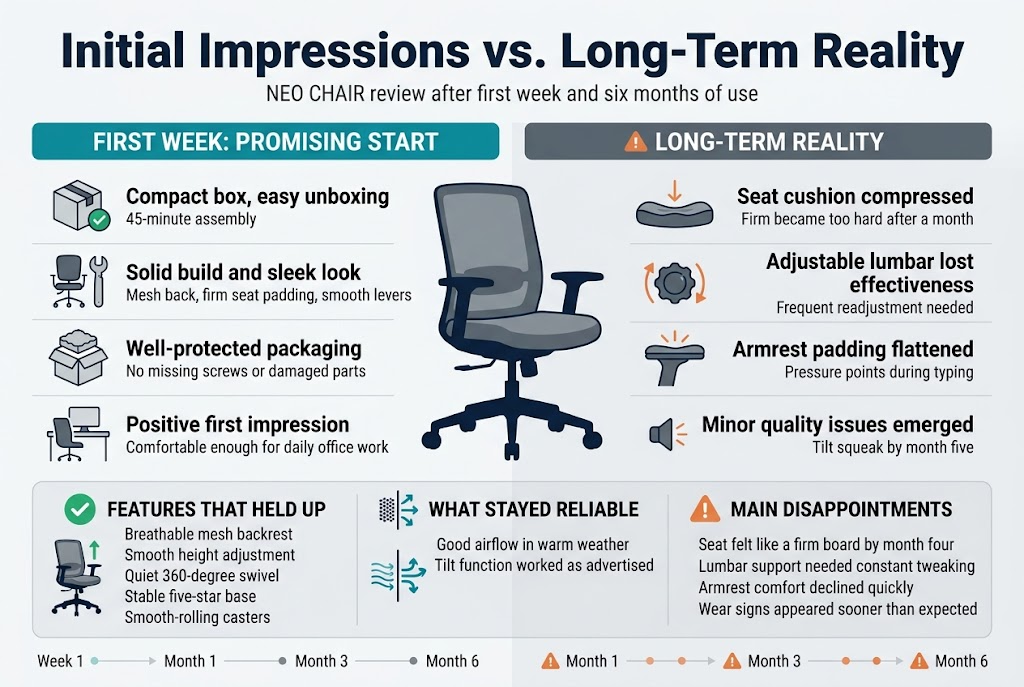Create a clean, professional full-bleed infographic in a wide 3:2 aspect ratio, with a modern office-chair review theme, using a navy, white, gray, and teal color palette with subtle orange warning accents. Use bold sans-serif typography, strong visual hierarchy, and a two-column comparison layout across the page.

Top header across full width:
Large bold title in dark navy: "Initial Impressions vs. Long-Term Reality"
Small subtitle beneath in gray: "NEO CHAIR review after first week and six months of use"

Main layout:
Split the page into two wide horizontal columns with clear section headers and icon markers.

Left column header in a teal banner:
"FIRST WEEK: PROMISING START"
Include four stacked feature cards with simple line icons:
1. A compact box icon with a check mark and text: "Compact box, easy unboxing"
   Small supporting text: "45-minute assembly"
2. A chair icon with smooth assembly tools and text: "Solid build and sleek look"
   Small supporting text: "Mesh back, firm seat padding, smooth levers"
3. A packaging icon with foam shapes and text: "Well-protected packaging"
   Small supporting text: "No missing screws or damaged parts"
4. A workspace icon with a modern chair silhouette and text: "Positive first impression"
   Small supporting text: "Comfortable enough for daily office work"

Right column header in a dark gray banner:
"LONG-TERM REALITY"
Include four stacked feature cards with warning and comfort icons:
1. A seat cushion icon flattening over time and text: "Seat cushion compressed"
   Small supporting text: "Firm became too hard after a month"
2. A lumbar support knob icon and text: "Adjustable lumbar lost effectiveness"
   Small supporting text: "Frequent readjustment needed"
3. An armrest icon with compressed padding and text: "Armrest padding flattened"
   Small supporting text: "Pressure points during typing"
4. A small squeak sound icon and text: "Minor quality issues emerged"
   Small supporting text: "Tilt squeak by month five"

Bottom center wide comparison strip with three side-by-side panels:
Left panel with green check icon:
"FEATURES THAT HELD UP"
- "Breathable mesh backrest"
- "Smooth height adjustment"
- "Quiet 360-degree swivel"
- "Stable five-star base"
- "Smooth-rolling casters"

Middle panel with split icon showing airflow:
"WHAT STAYED RELIABLE"
- "Good airflow in warm weather"
- "Tilt function worked as advertised"

Right panel with orange warning icon:
"MAIN DISAPPOINTMENTS"
- "Seat felt like a firm board by month four"
- "Lumbar support needed constant tweaking"
- "Armrest comfort declined quickly"
- "Wear signs appeared sooner than expected"

Add a small subtle visual timeline near the bottom spanning left to right:
"Week 1" → "Month 1" → "Month 3" → "Month 6"
Use simple dot markers and a thin line, with the right side showing more warning accents.

Use crisp flat vector illustrations: office chair, cushion compression, lumbar knob, armrest padding, mesh airflow, wheels, swivel arrows, and small warning symbols. Keep text legible, aligned, and balanced with generous whitespace. No people, no photo realism, no 3D rendering.